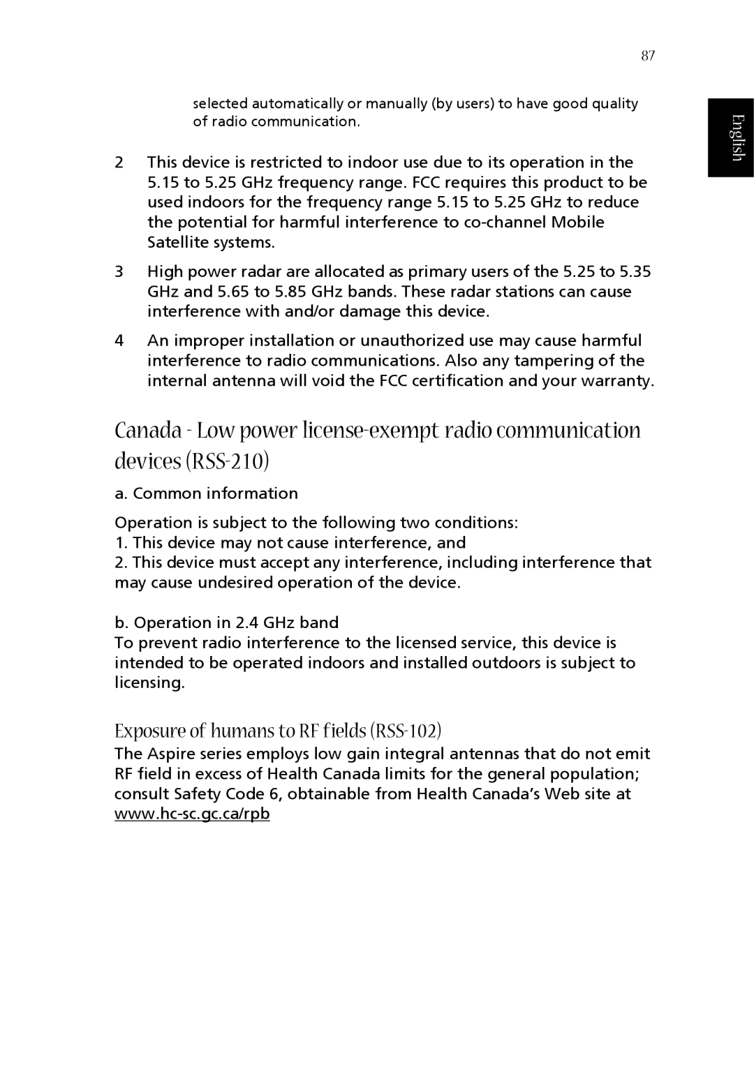 Acer 1360 manual Exposure of humans to RF fields RSS-102 