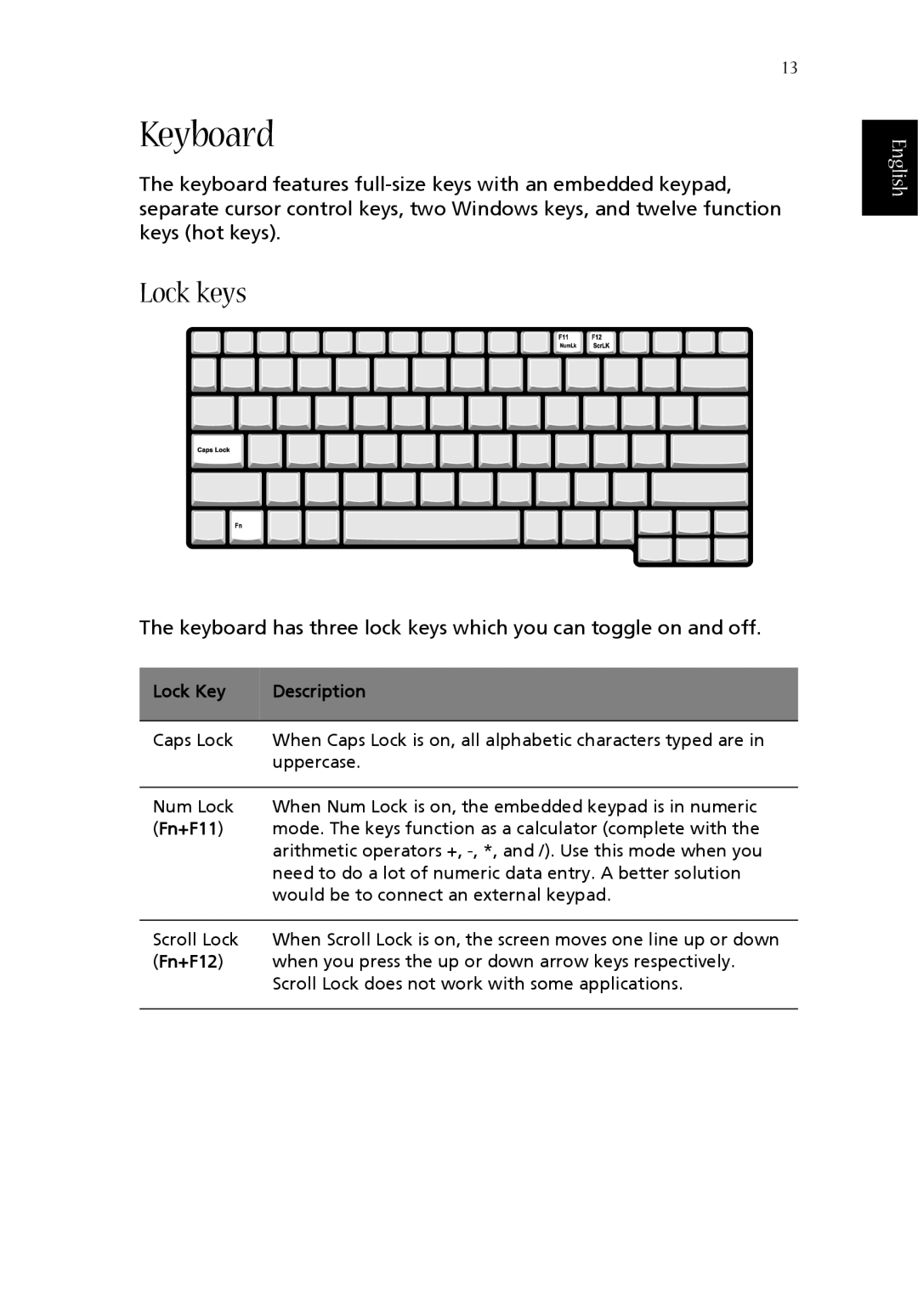 Acer 1360 manual Keyboard, Lock keys, English, Lock Key, Description, Fn+F11, Fn+F12 