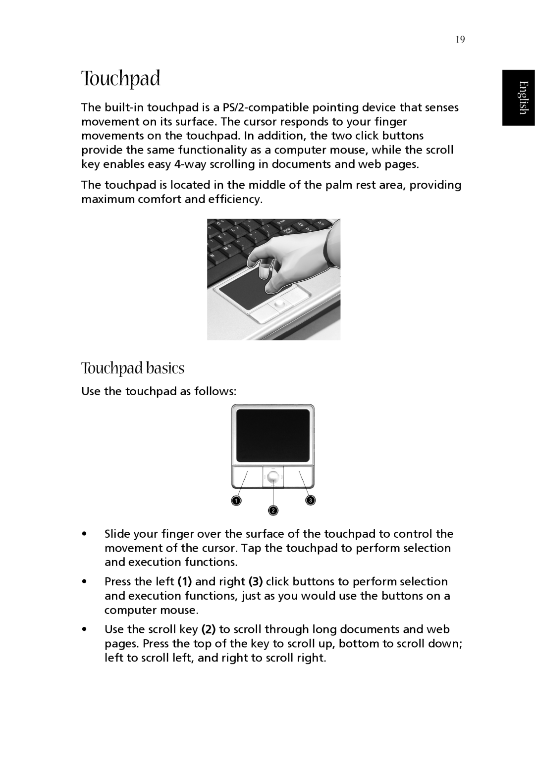 Acer 1360 manual Touchpad basics, English 
