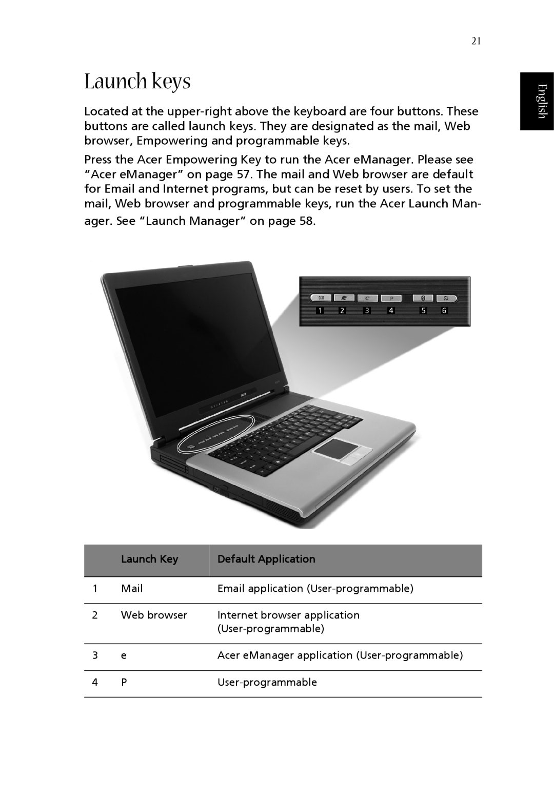 Acer 1360 manual Launch keys, English 