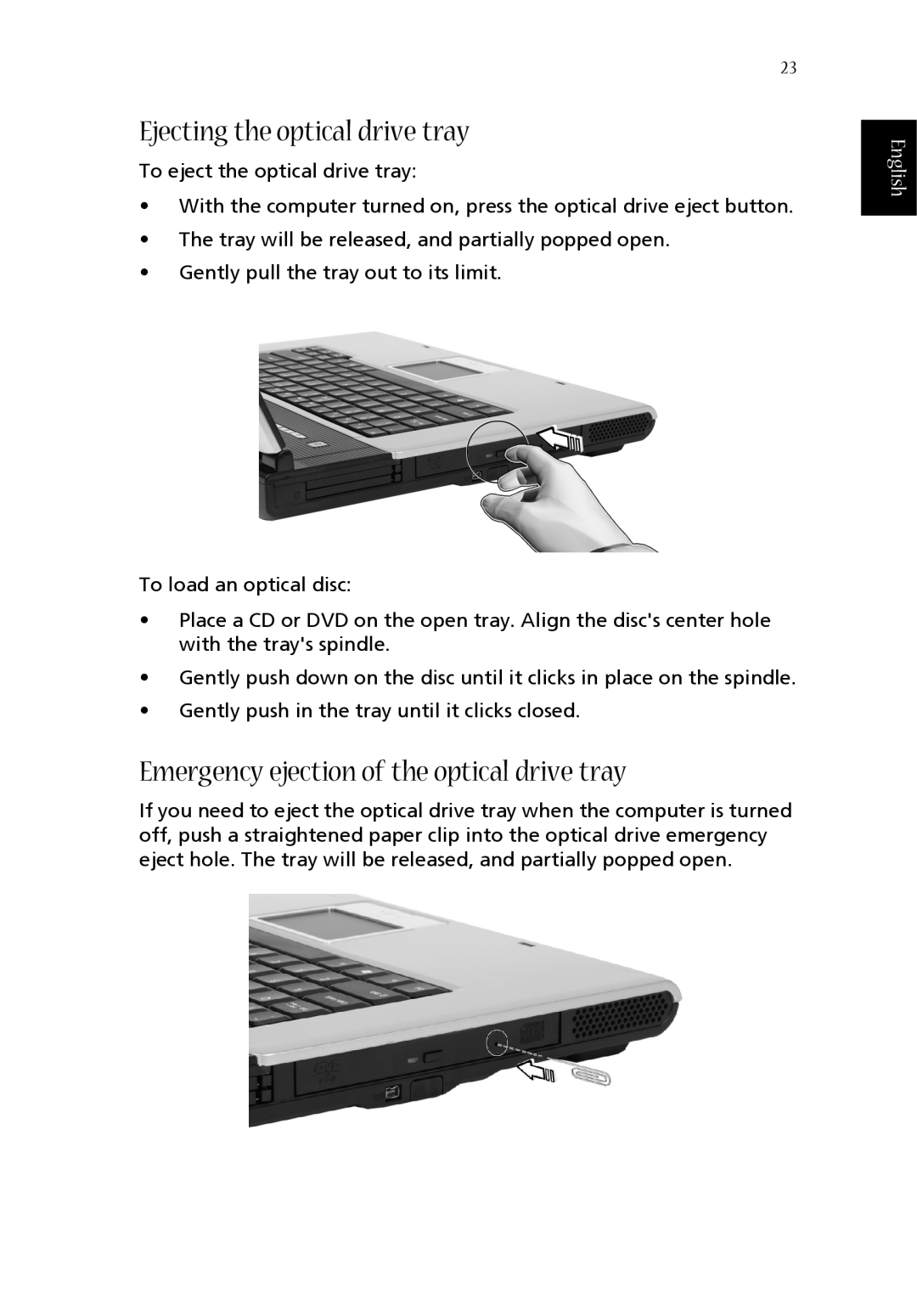 Acer 1360 manual Ejecting the optical drive tray, Emergency ejection of the optical drive tray, English 
