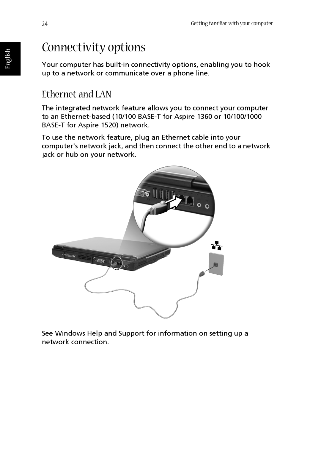Acer 1360 manual Connectivity options, Ethernet and LAN, English 