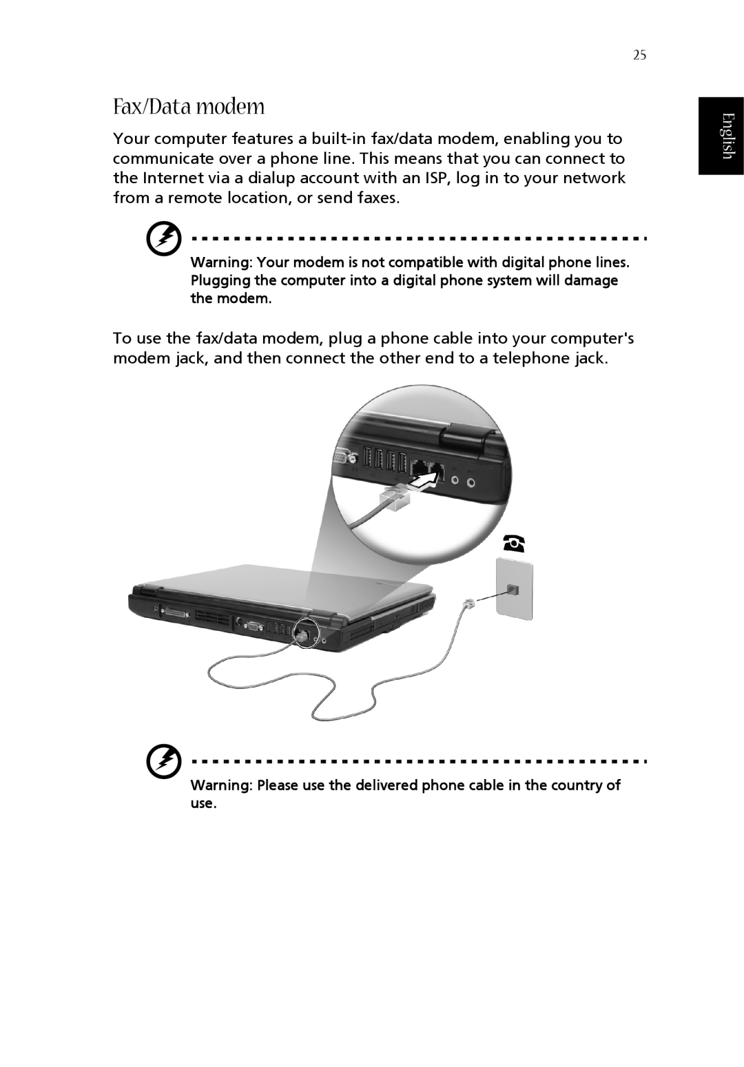 Acer 1360 manual Fax/Data modem, English, Warning Please use the delivered phone cable in the country of use 