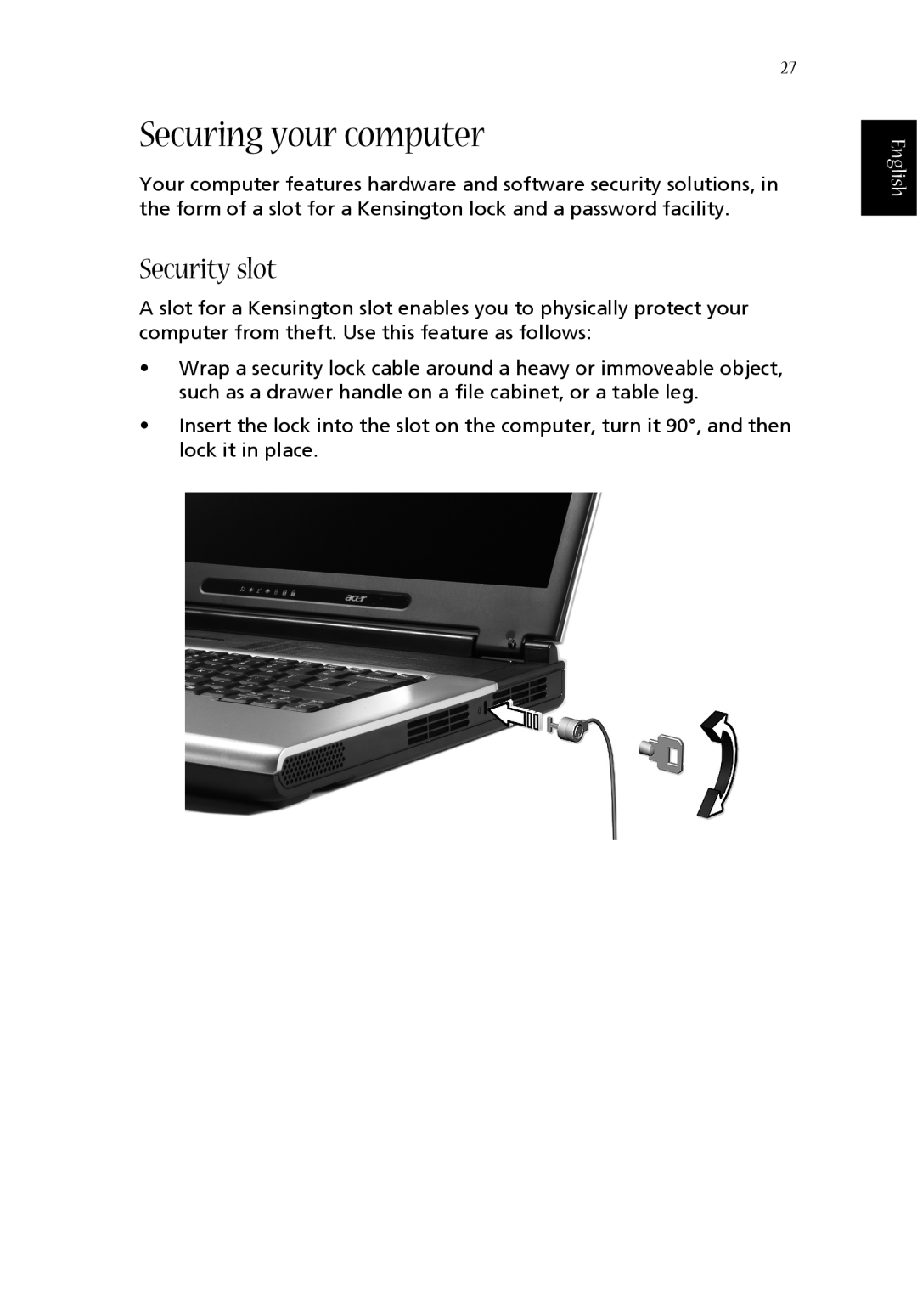 Acer 1360 manual Securing your computer, Security slot, English 