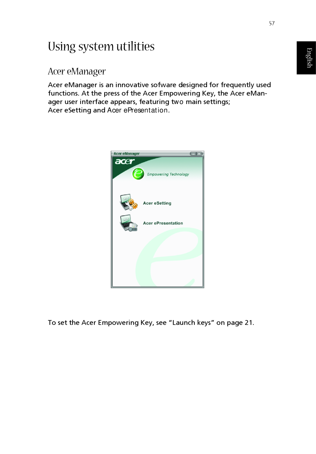 Acer 1360 manual Using system utilities, Acer eManager, English 