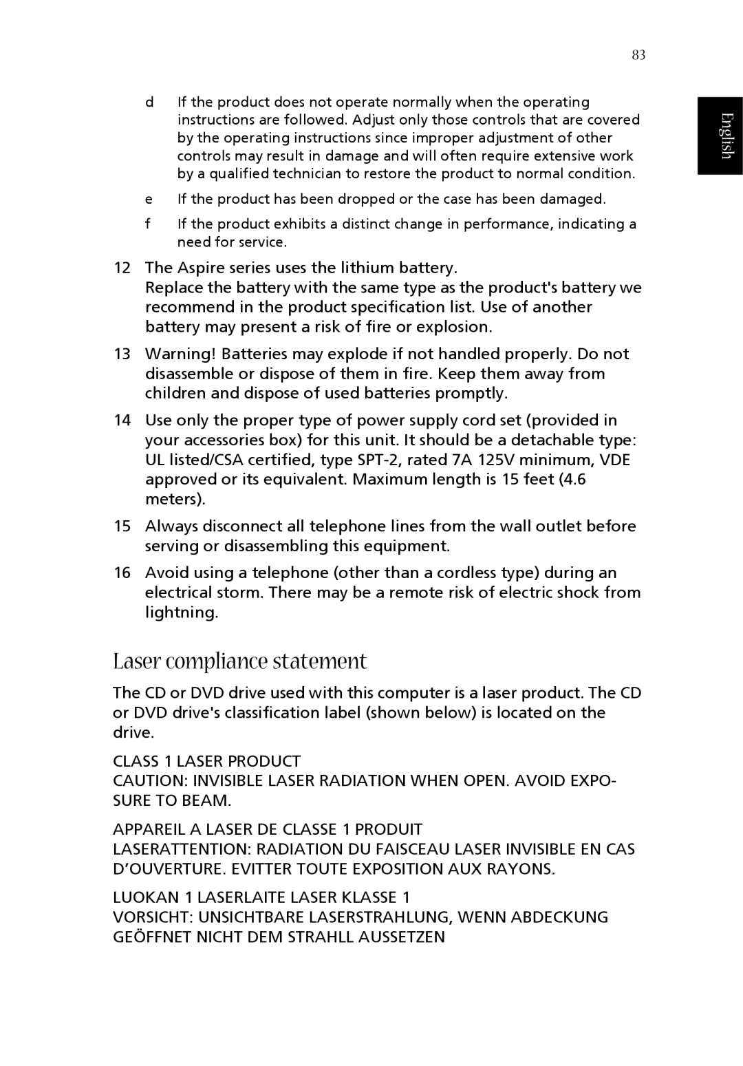 Acer 1360 manual Laser compliance statement, English 