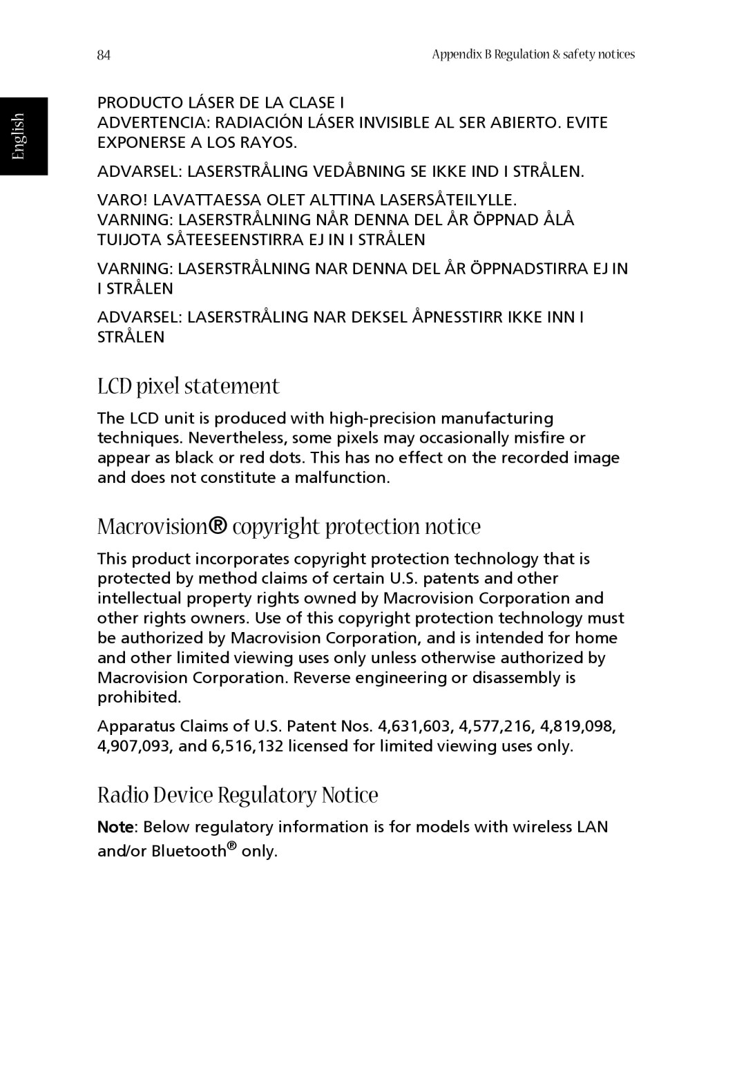 Acer 1360 manual LCD pixel statement, Macrovision copyright protection notice, Radio Device Regulatory Notice, English 