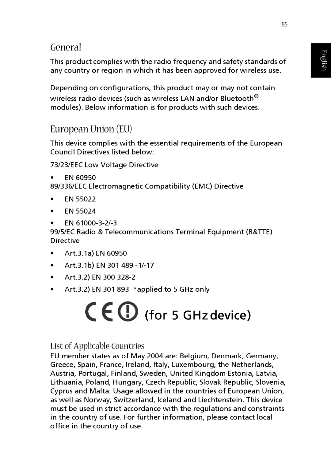 Acer 1360 manual General, European Union EU, List of Applicable Countries, English 