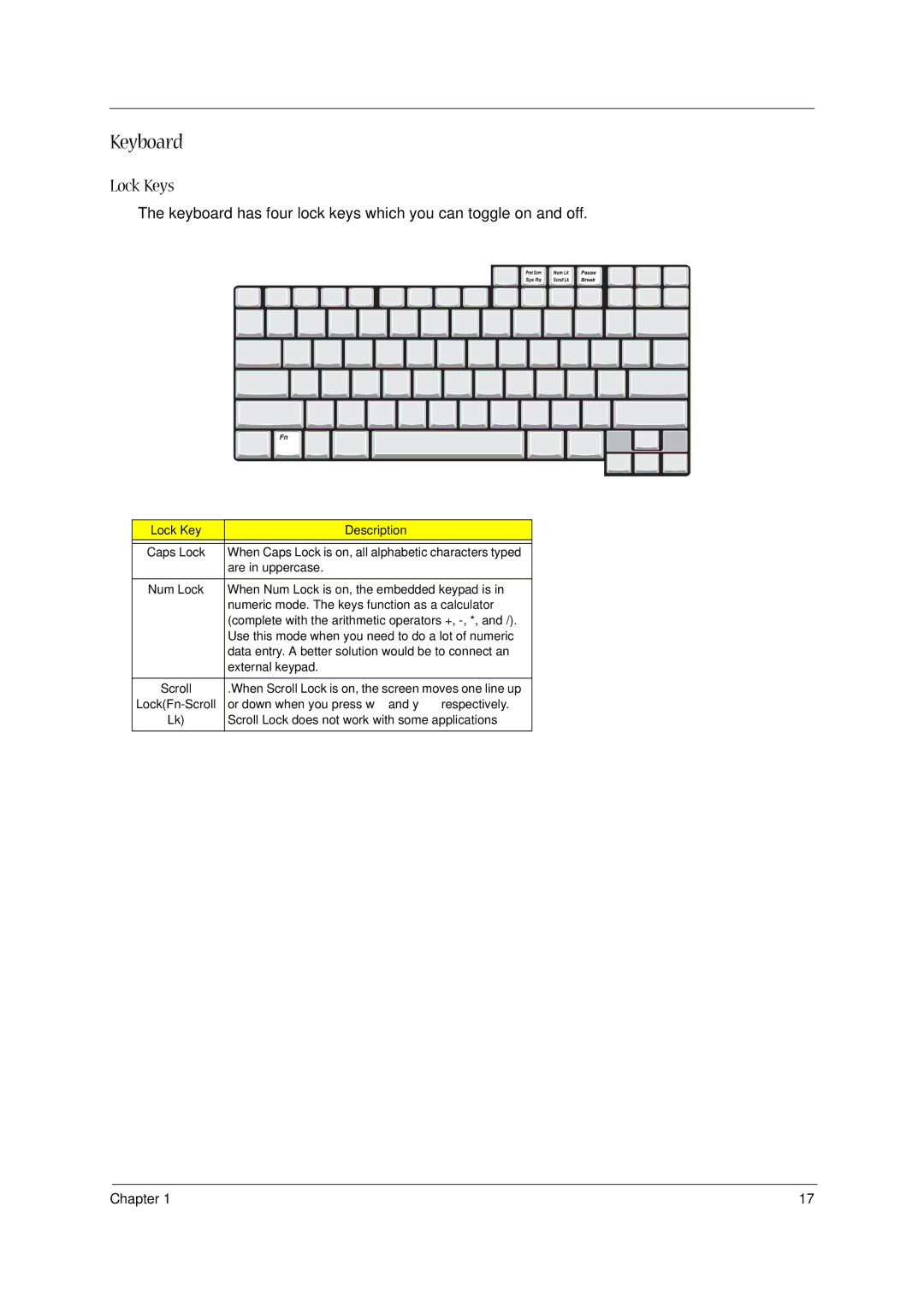 Acer 1400 Series manual Keyboard, Lock Keys 