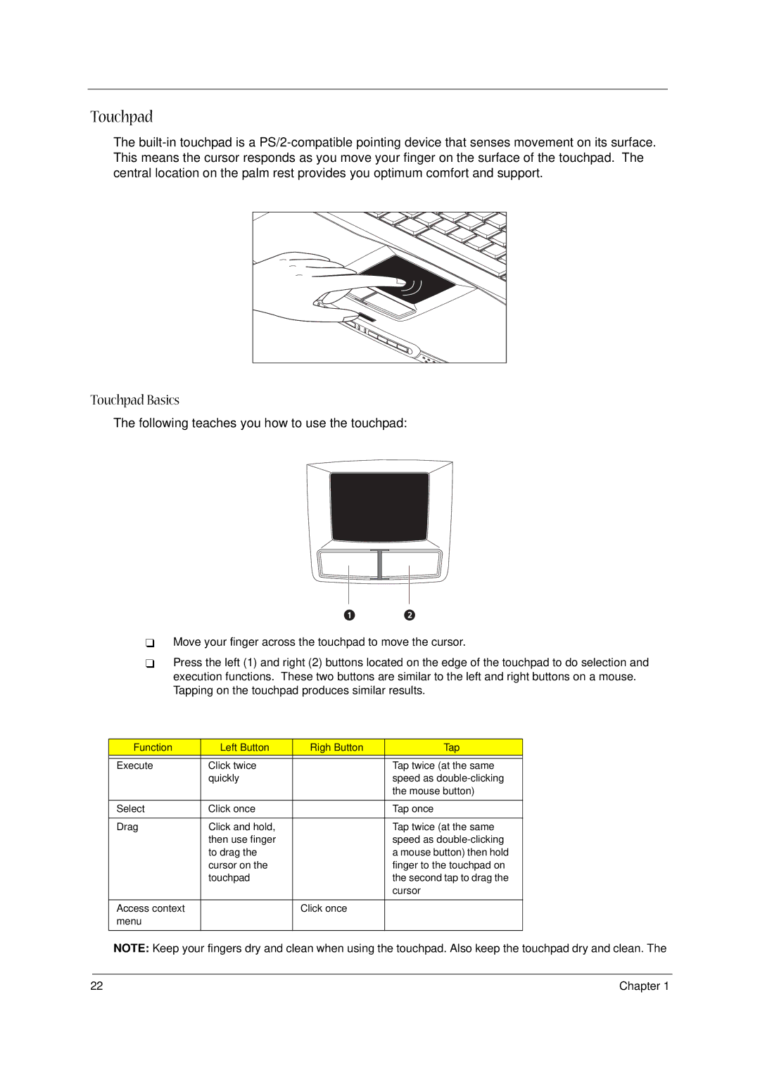 Acer 1400 Series manual Touchpad Basics 