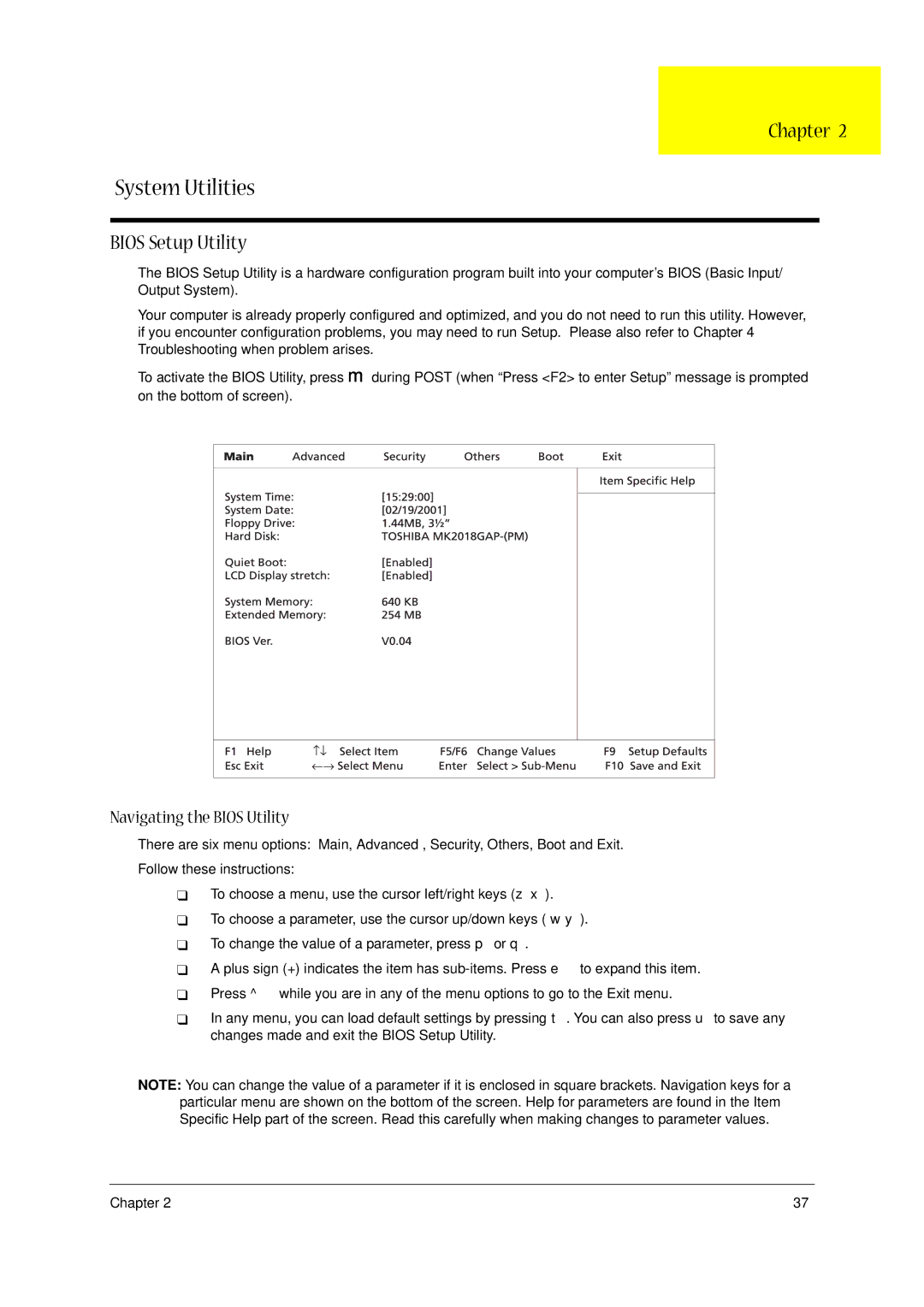 Acer 1400 Series manual Chapter, Bios Setup Utility, Navigating the Bios Utility 