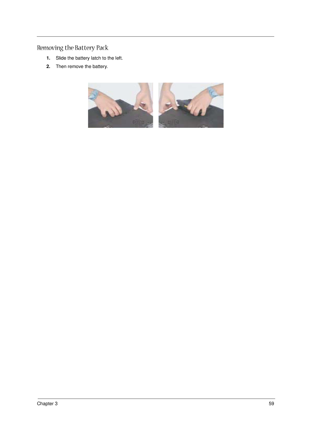 Acer 1400 Series manual Removing the Battery Pack 