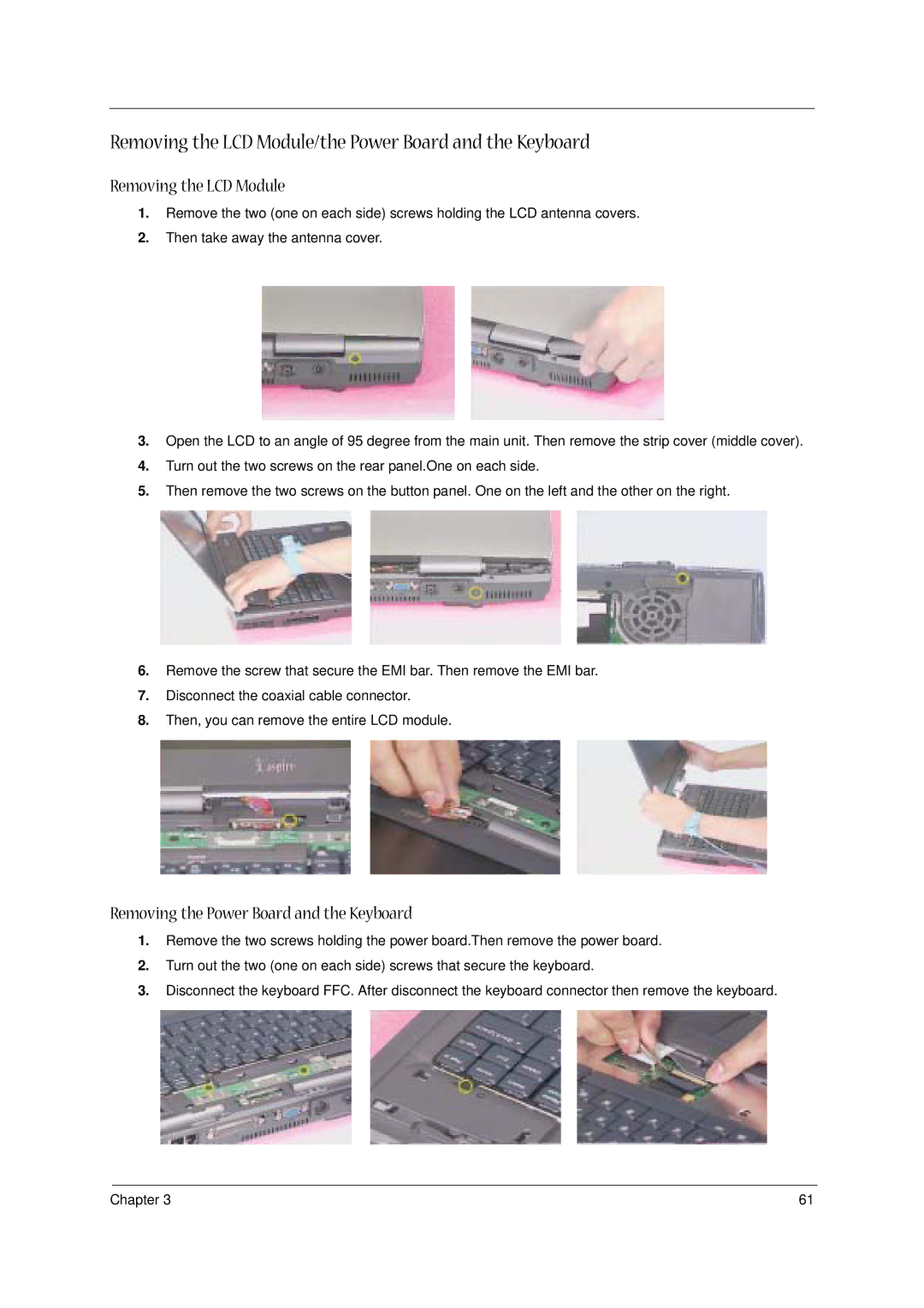 Acer 1400 Series manual Removing the LCD Module/the Power Board and the Keyboard, Removing the Power Board and the Keyboard 