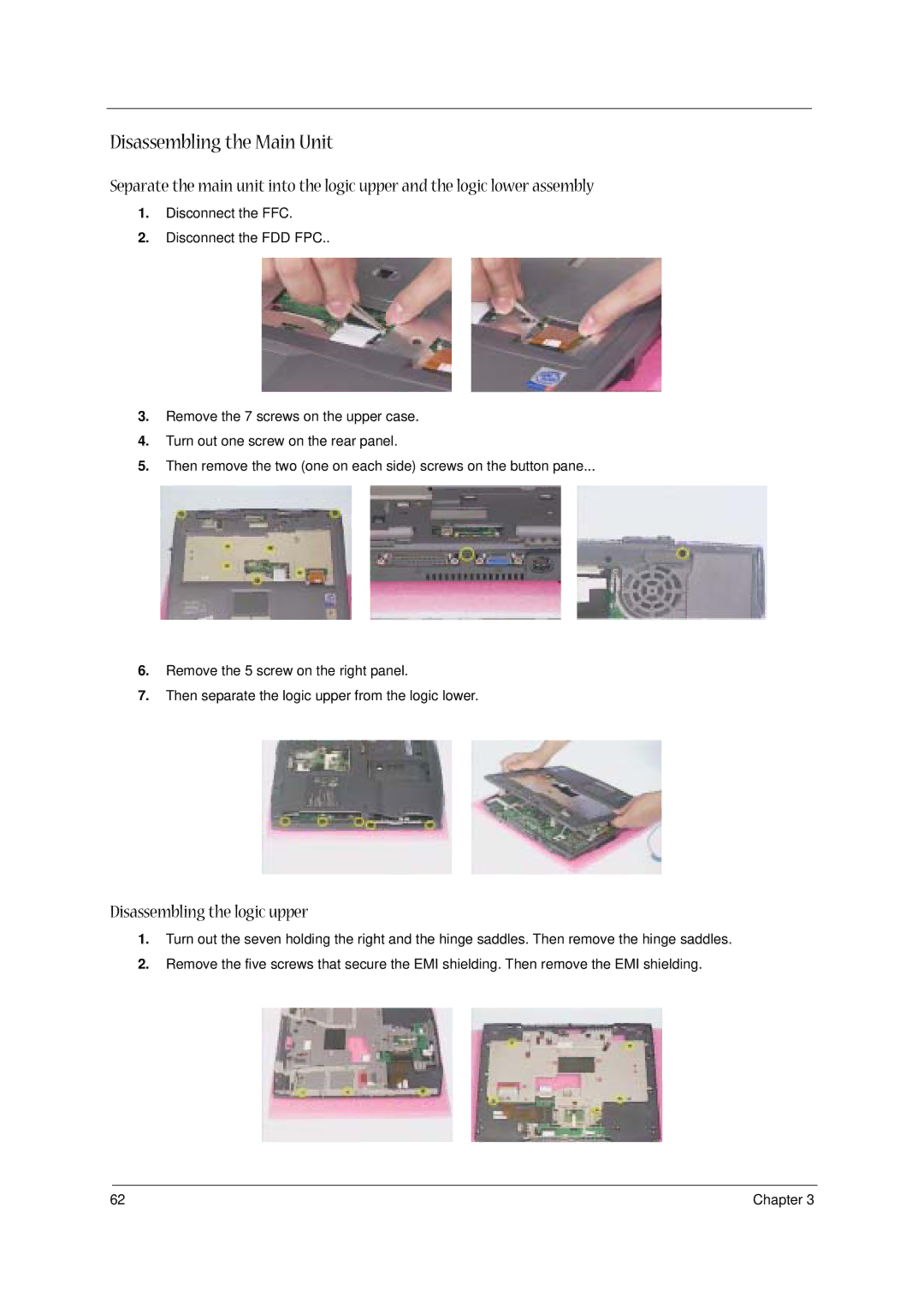 Acer 1400 Series manual Disassembling the Main Unit, Disassembling the logic upper 