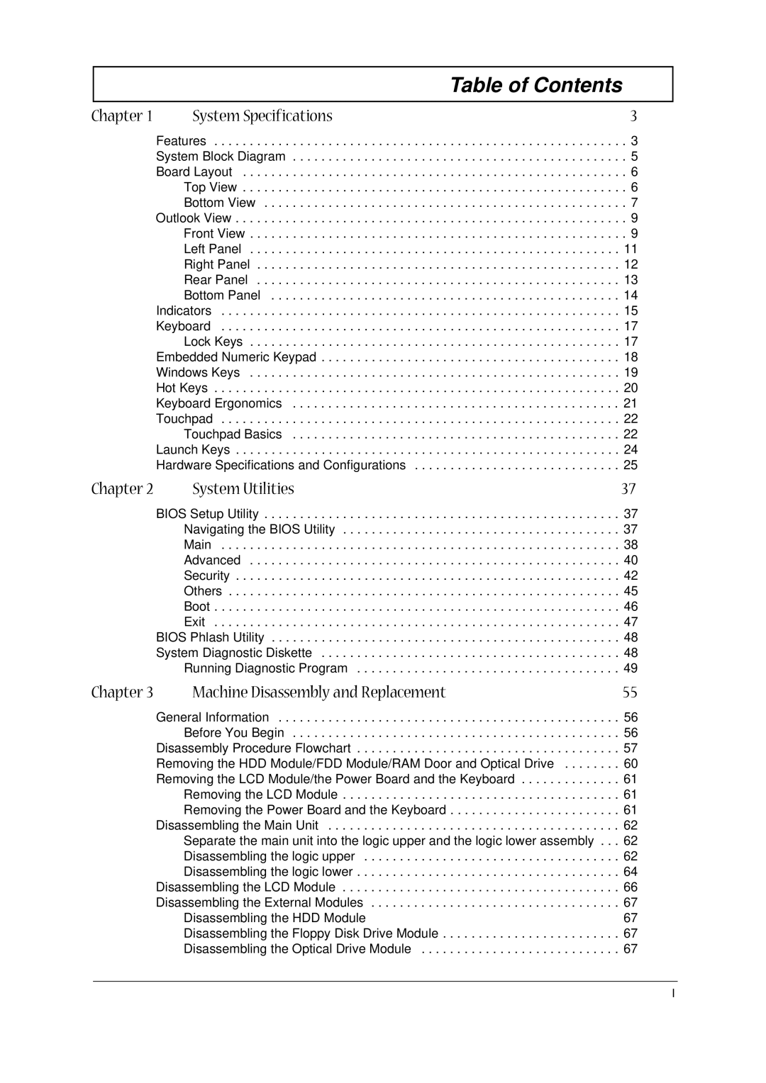 Acer 1400 Series manual Table of Contents 