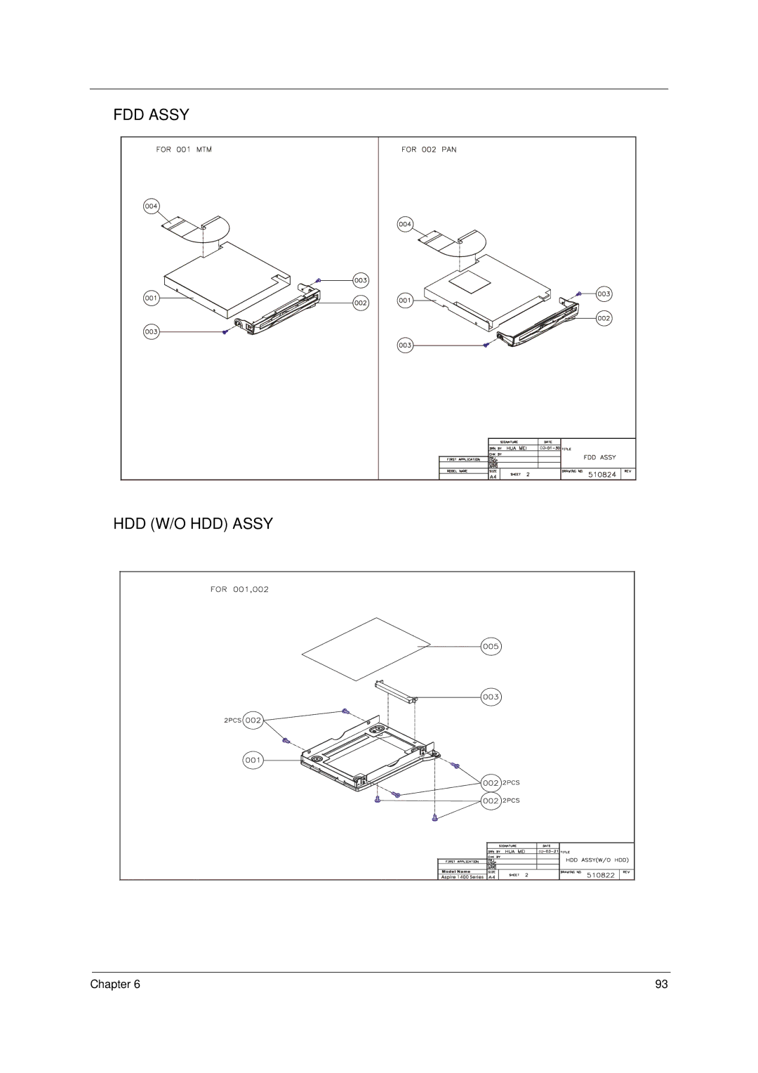 Acer 1400 Series manual FDD Assy HDD W/O HDD Assy 