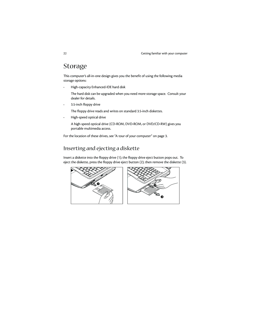 Acer 1400 manual Storage, Inserting and ejecting a diskette 