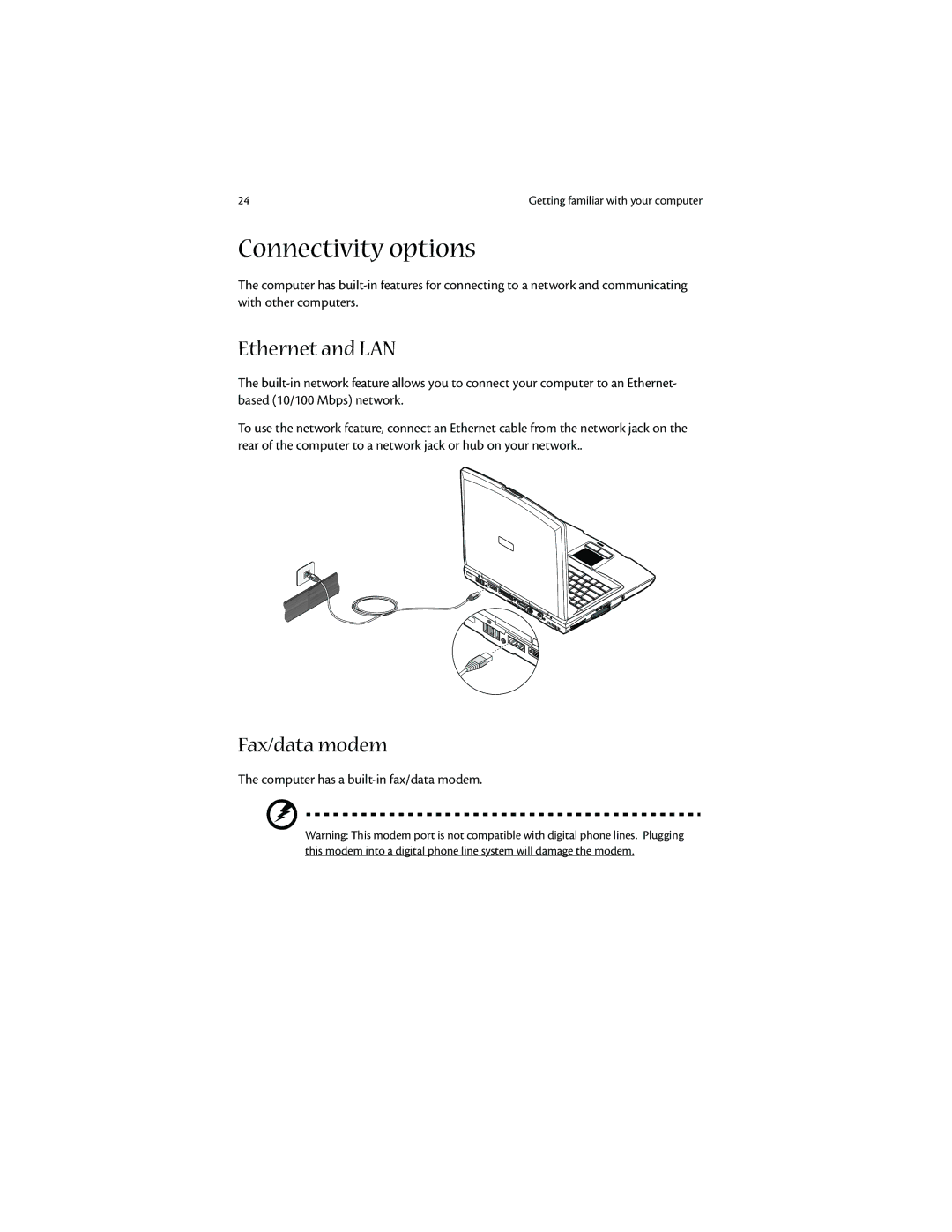 Acer 1400 manual Connectivity options, Ethernet and LAN, Fax/data modem 