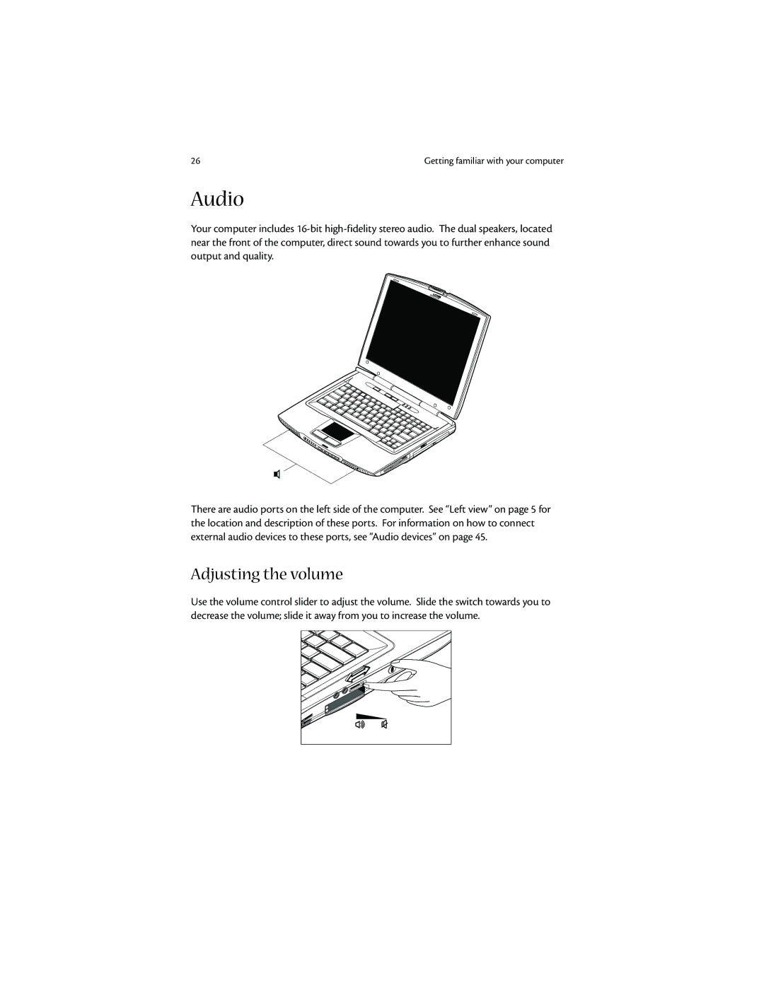 Acer 1400 manual Audio, Adjusting the volume 