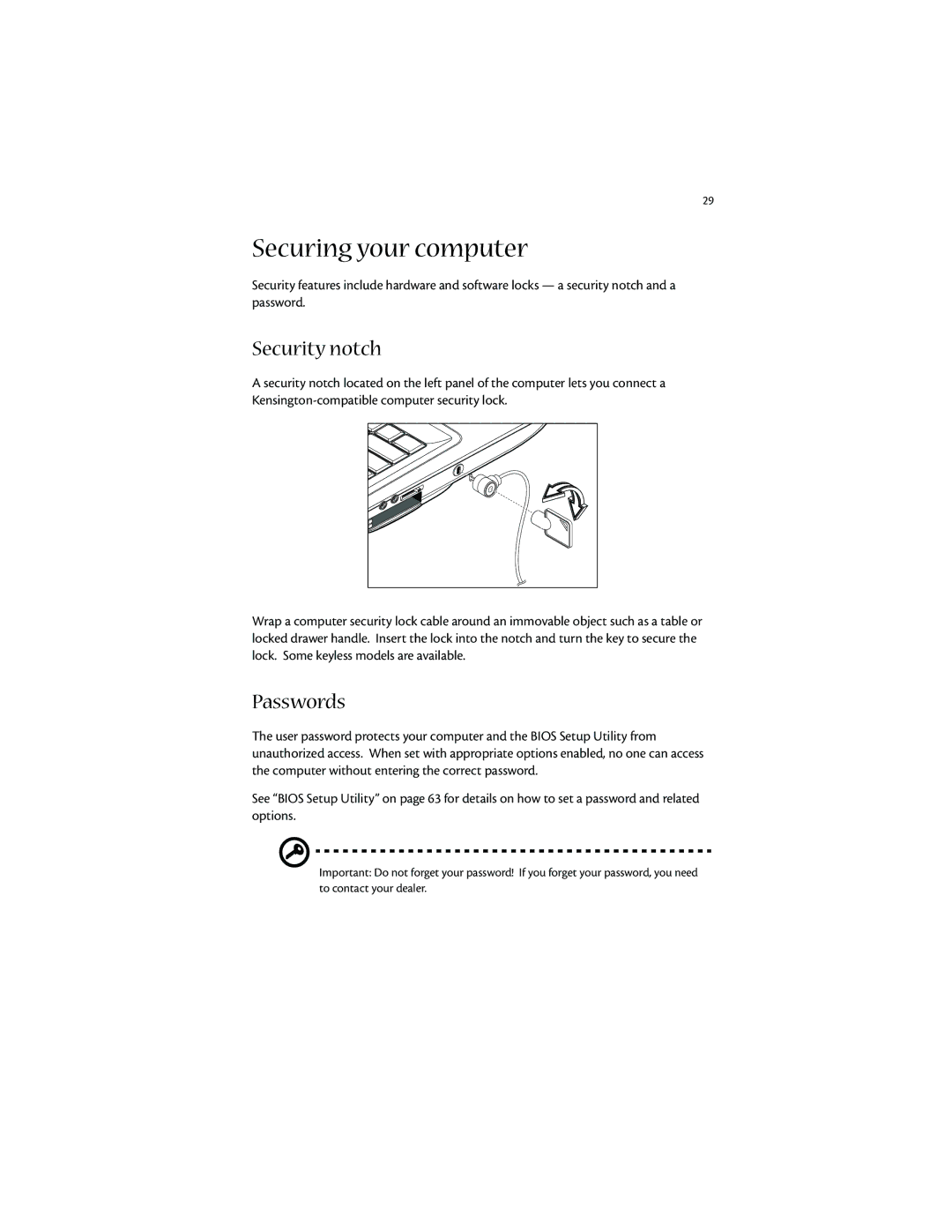 Acer 1400 manual Securing your computer, Security notch, Passwords 