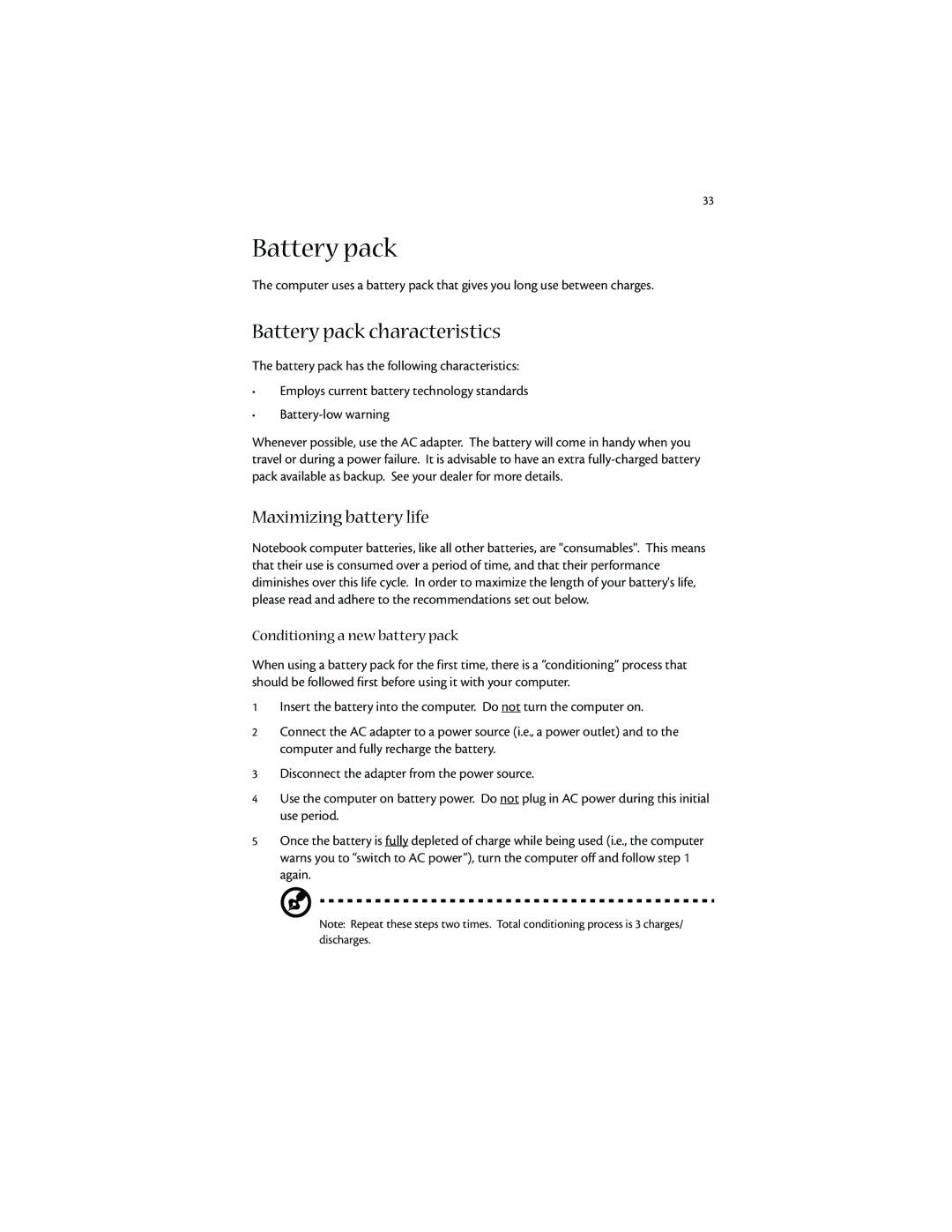 Acer 1400 manual Battery pack characteristics, Maximizing battery life 