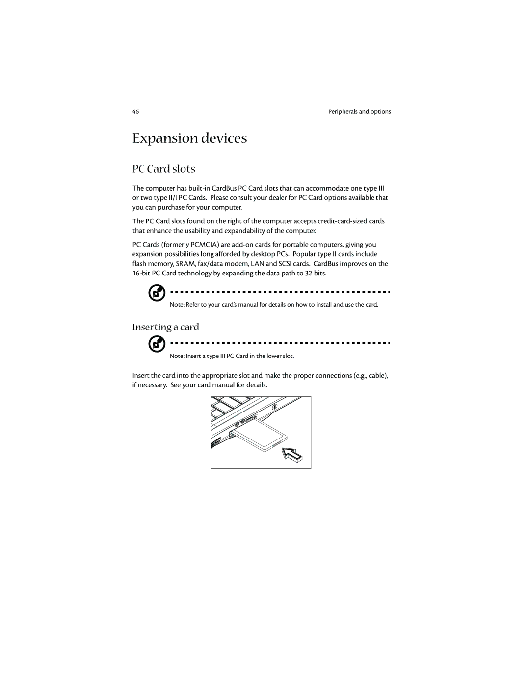 Acer 1400 manual Expansion devices, PC Card slots, Inserting a card 