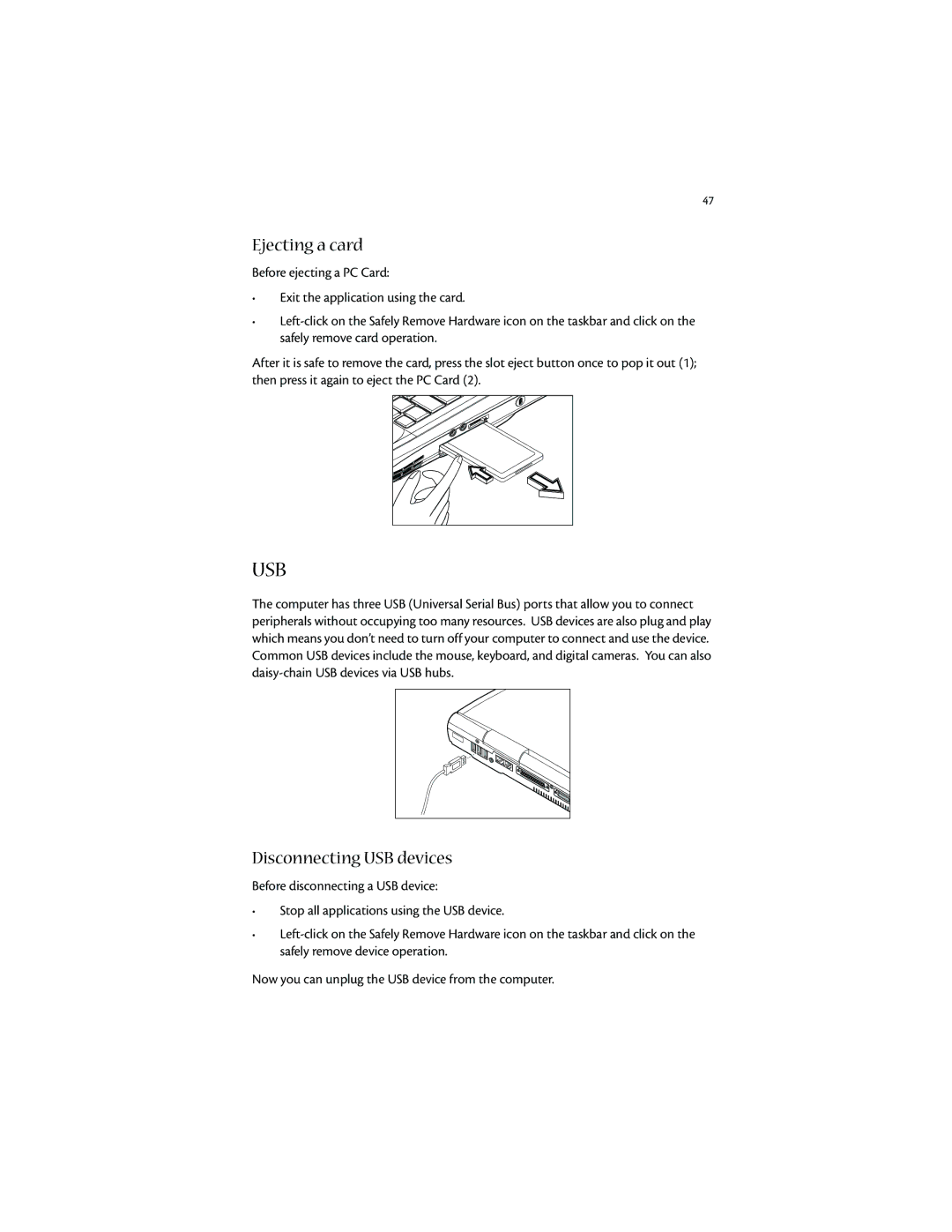 Acer 1400 manual Ejecting a card, Disconnecting USB devices 