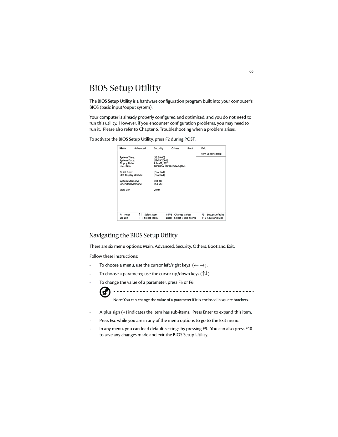 Acer 1400 manual Navigating the Bios Setup Utility 