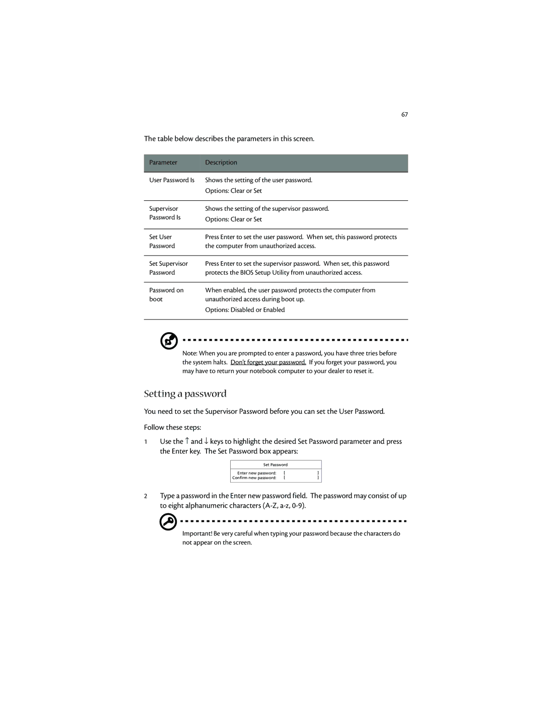 Acer 1400 manual Setting a password, Enter key. The Set Password box appears 