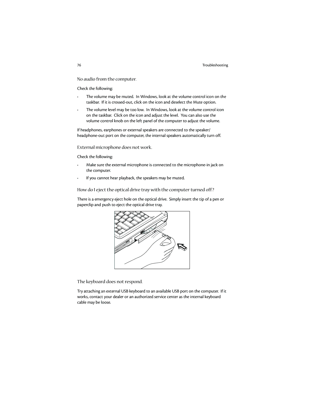 Acer 1400 manual No audio from the computer 