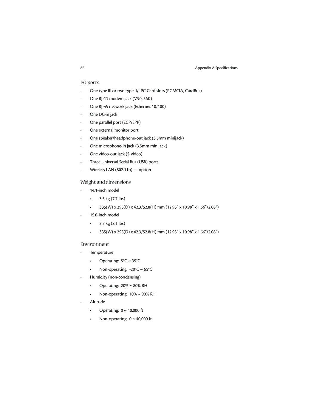 Acer 1400 manual Weight and dimensions 