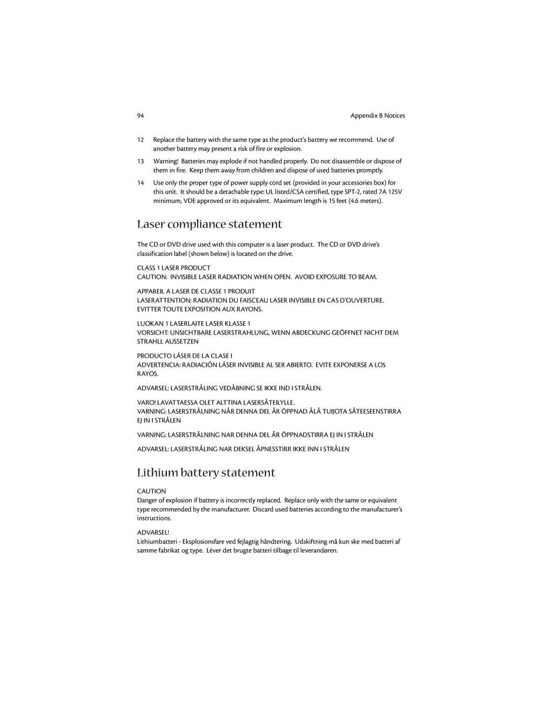 Acer 1400 manual Laser compliance statement, Lithium battery statement 