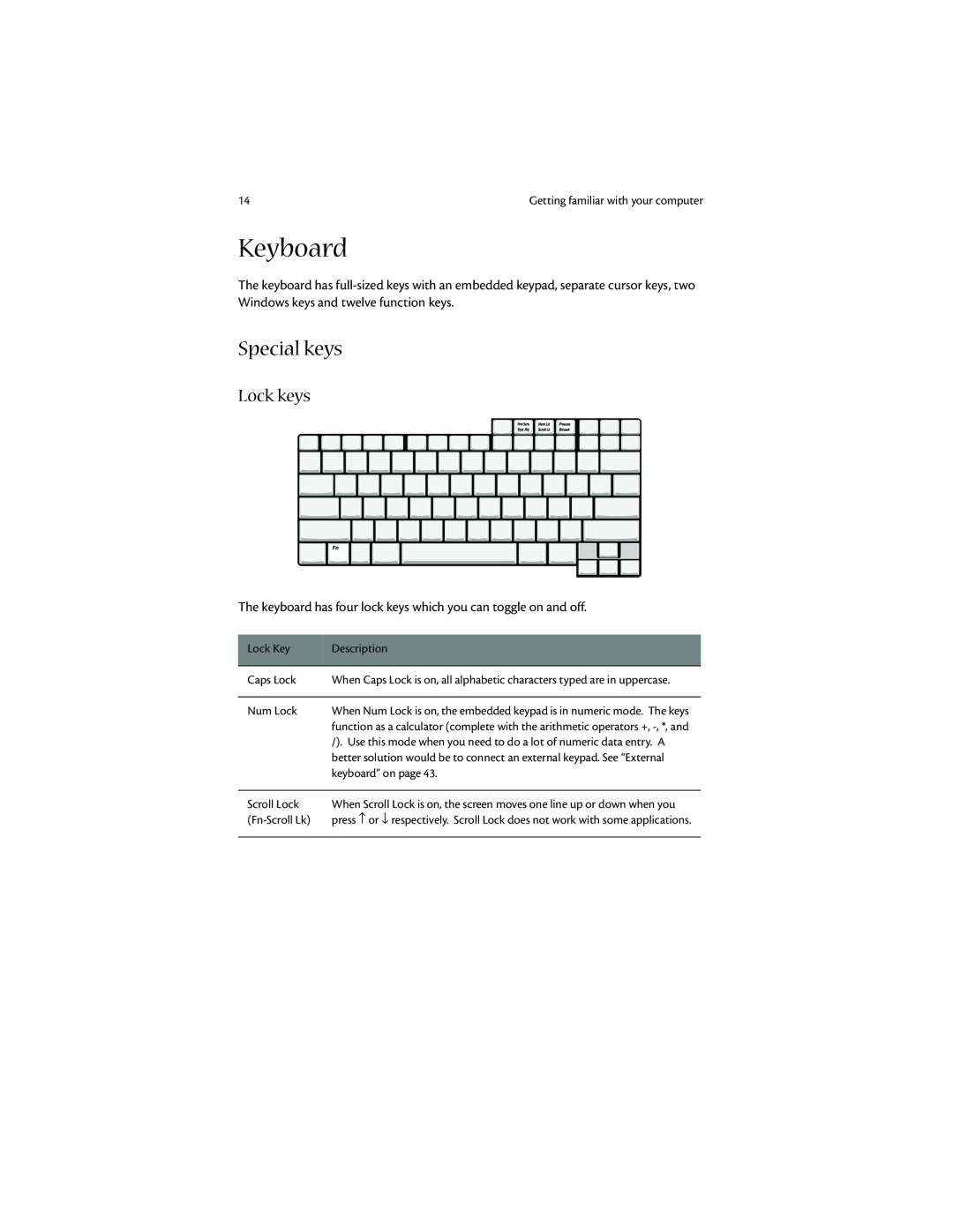 Acer 1400 manual Keyboard, Special keys, Lock keys 