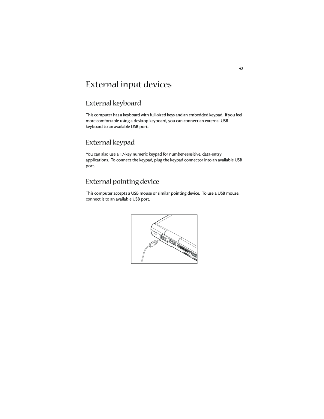 Acer 1400 manual External input devices, External keyboard, External keypad, External pointing device 