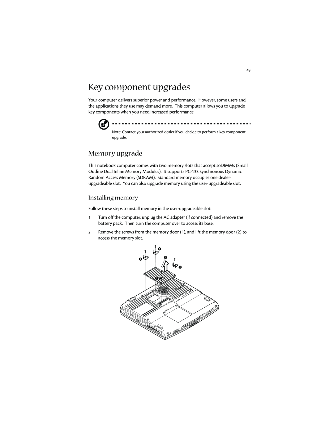 Acer 1400 manual Key component upgrades, Memory upgrade, Installing memory 