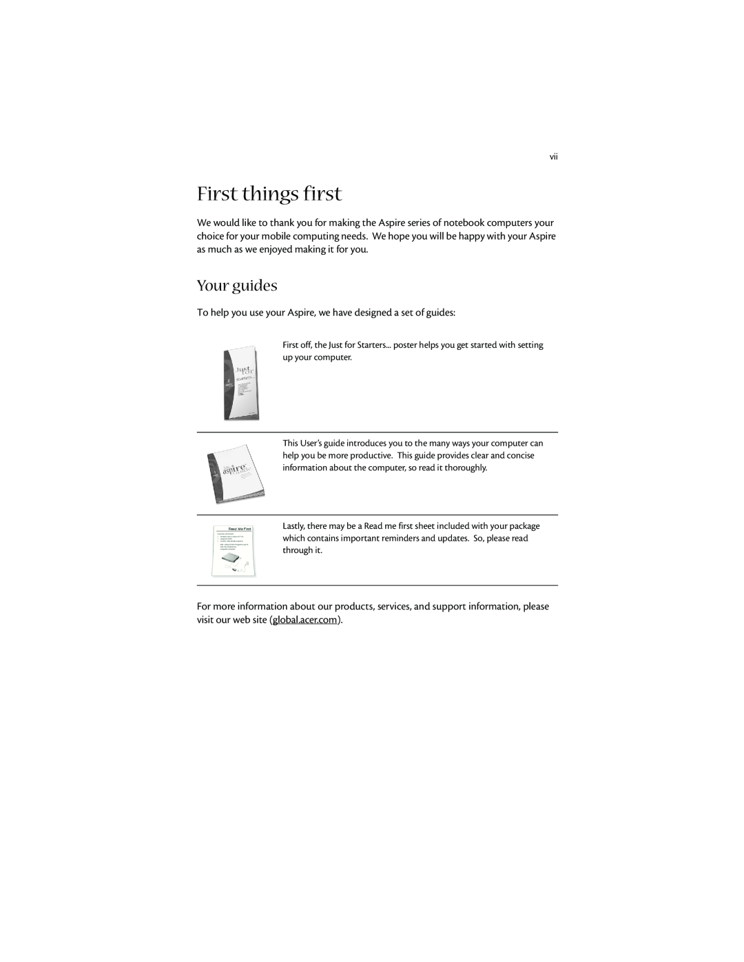 Acer 1400 manual First things first, Your guides 