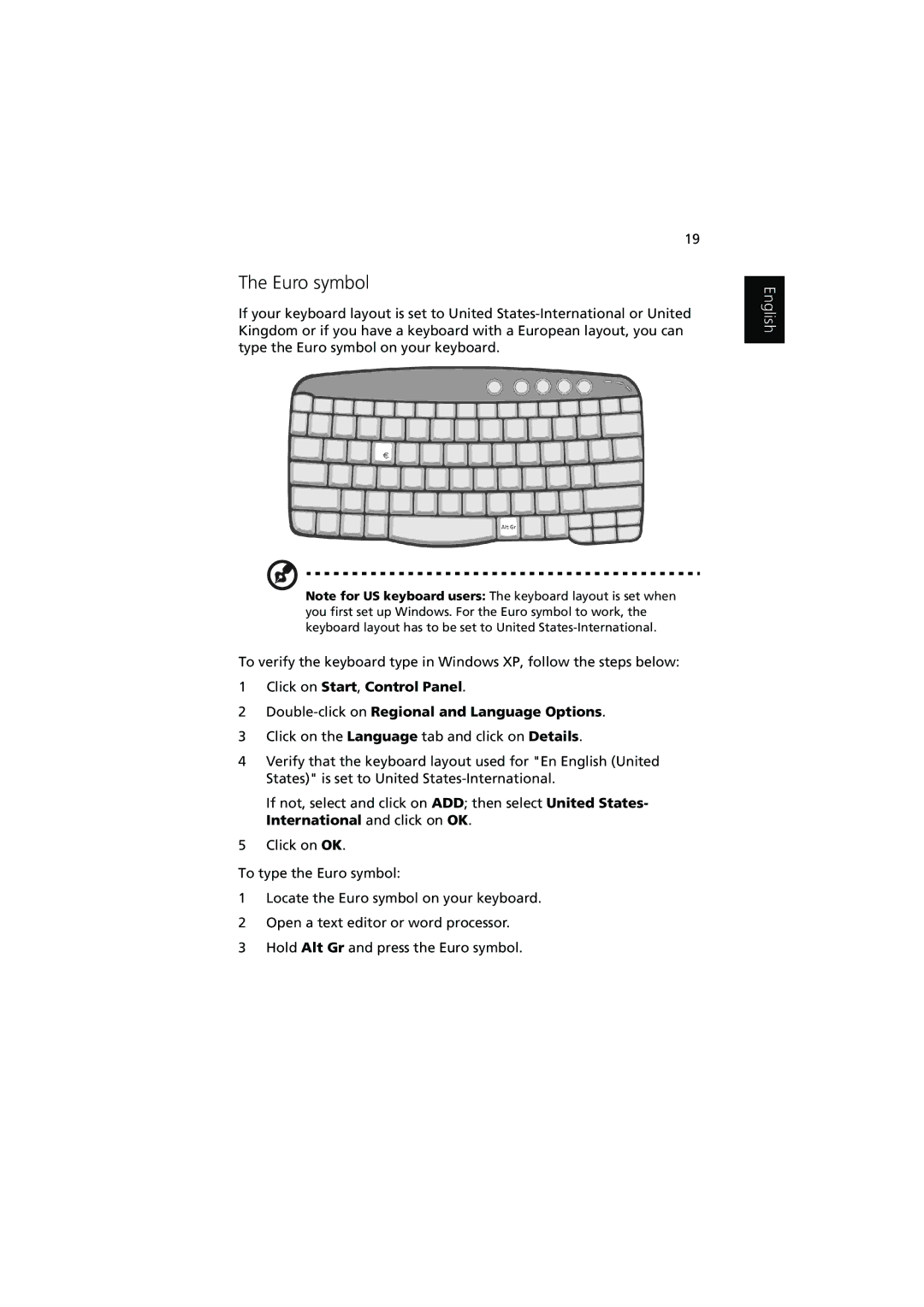 Acer 1450 manual Euro symbol 