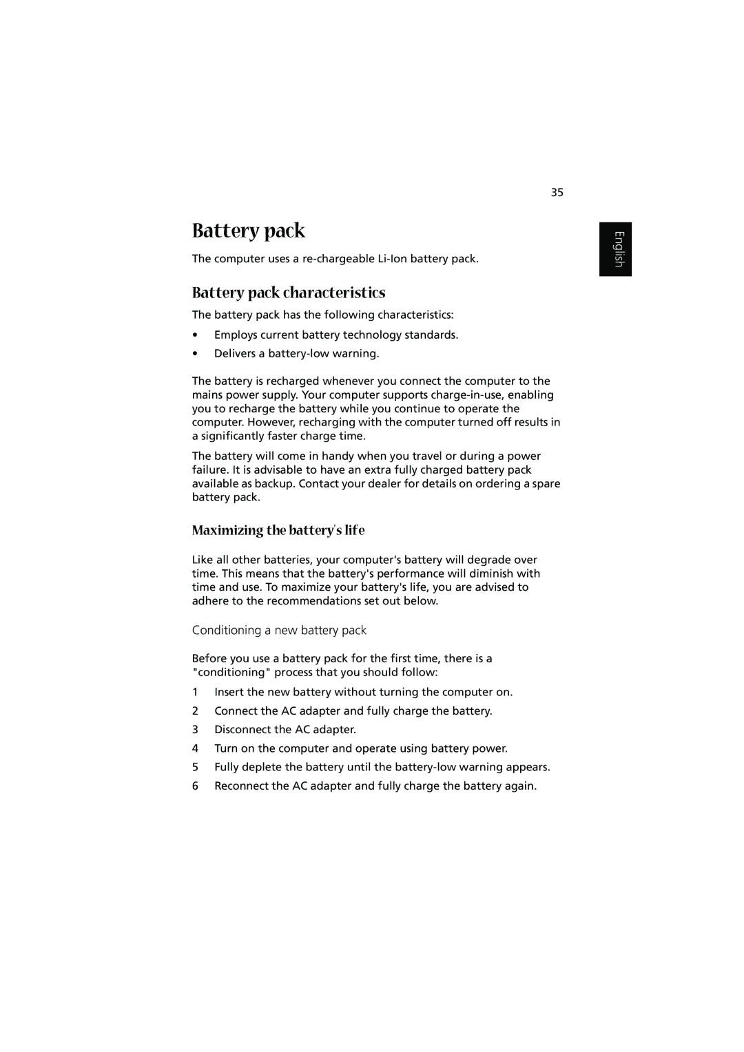 Acer 1450 manual Battery pack characteristics, Conditioning a new battery pack 