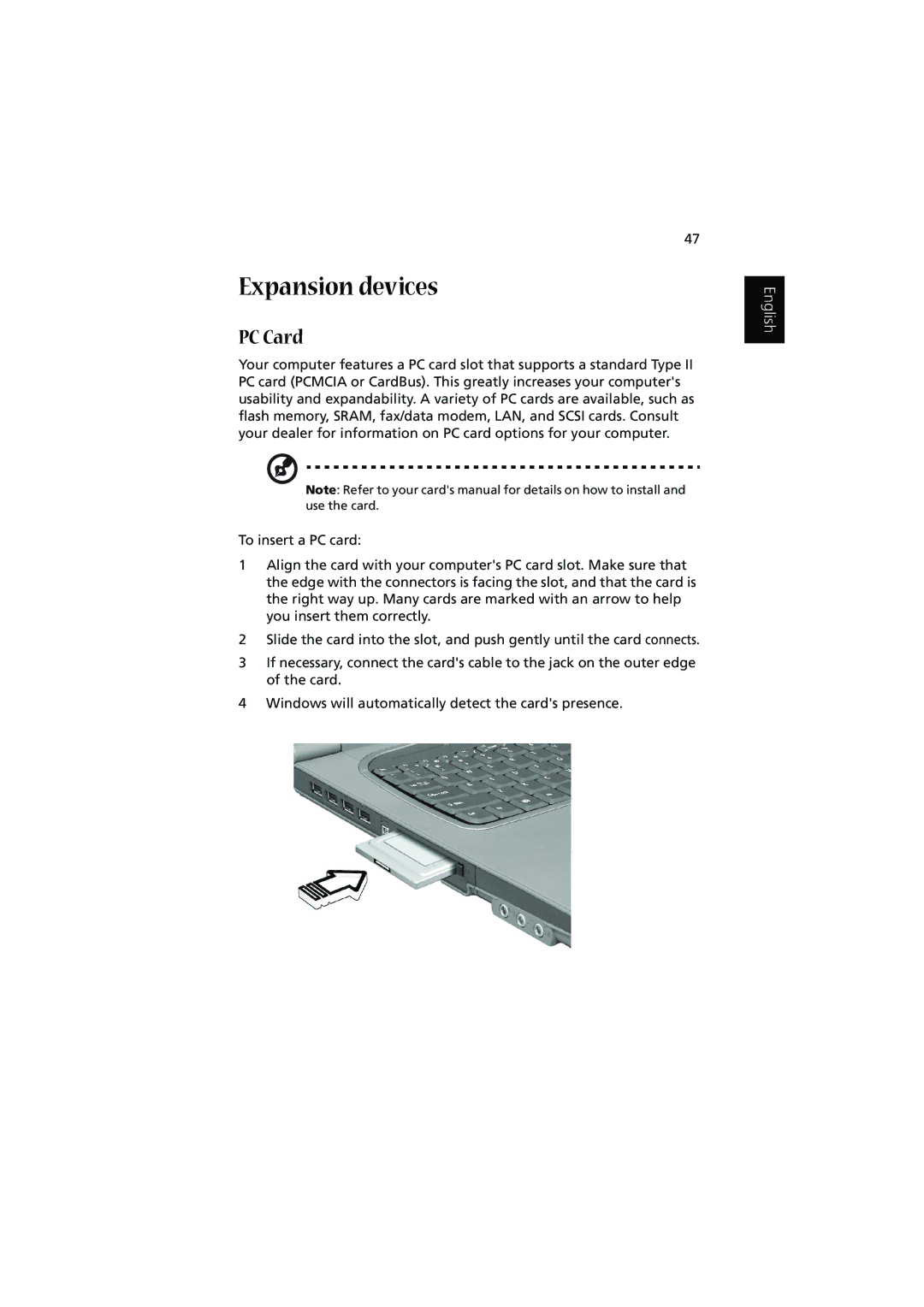 Acer 1450 manual Expansion devices, PC Card 