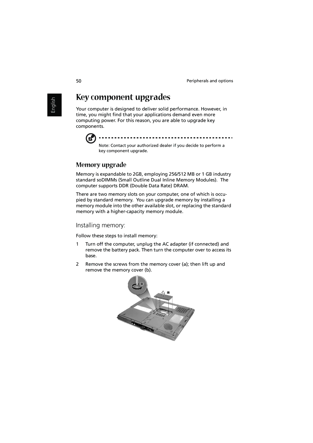 Acer 1450 manual Key component upgrades, Memory upgrade, Installing memory 