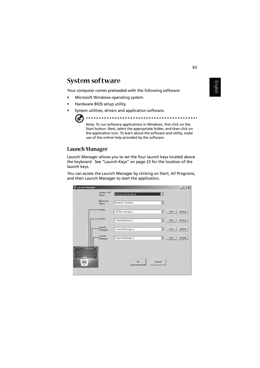 Acer 1450 manual System software, Launch Manager 