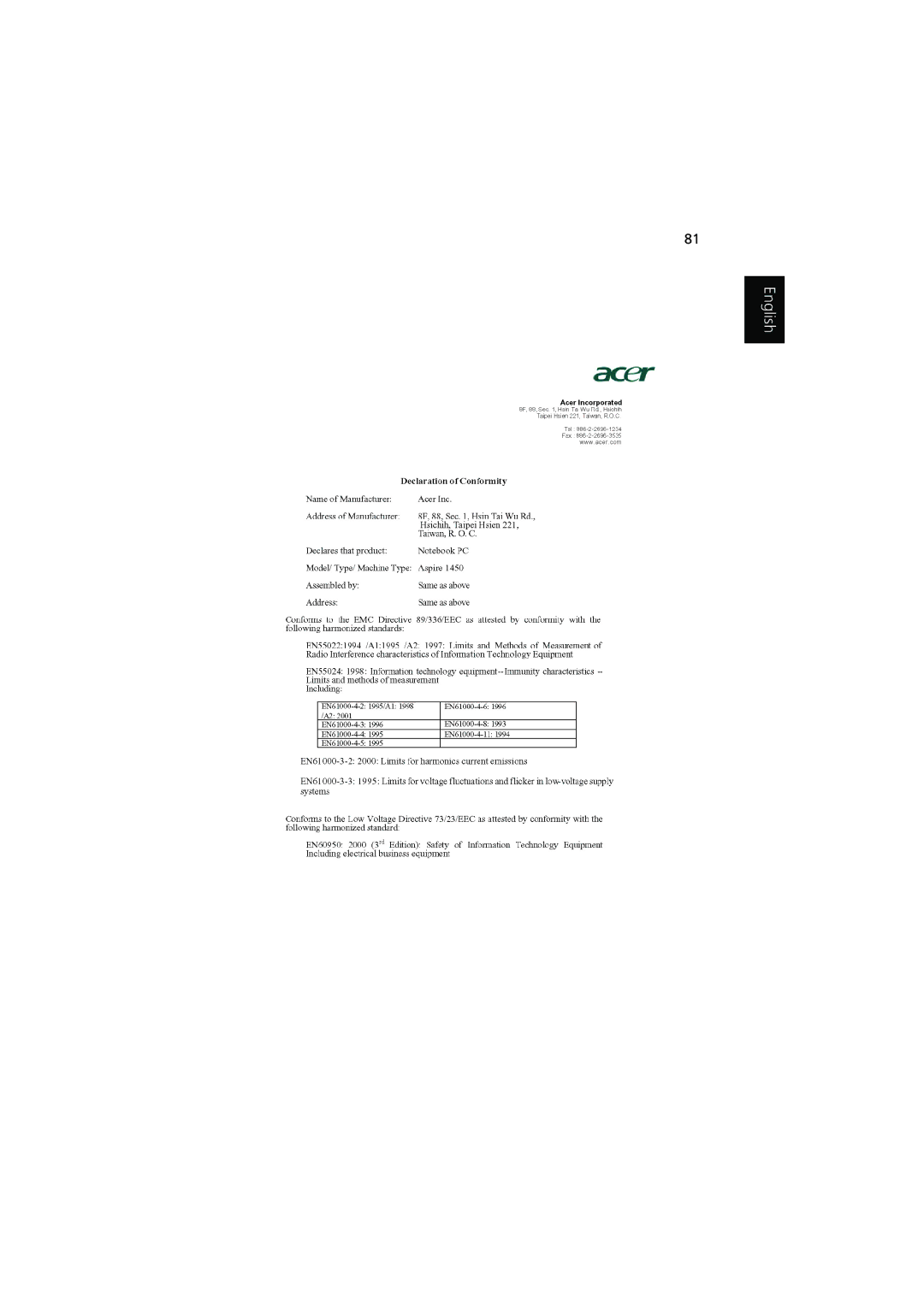 Acer 1450 manual English 