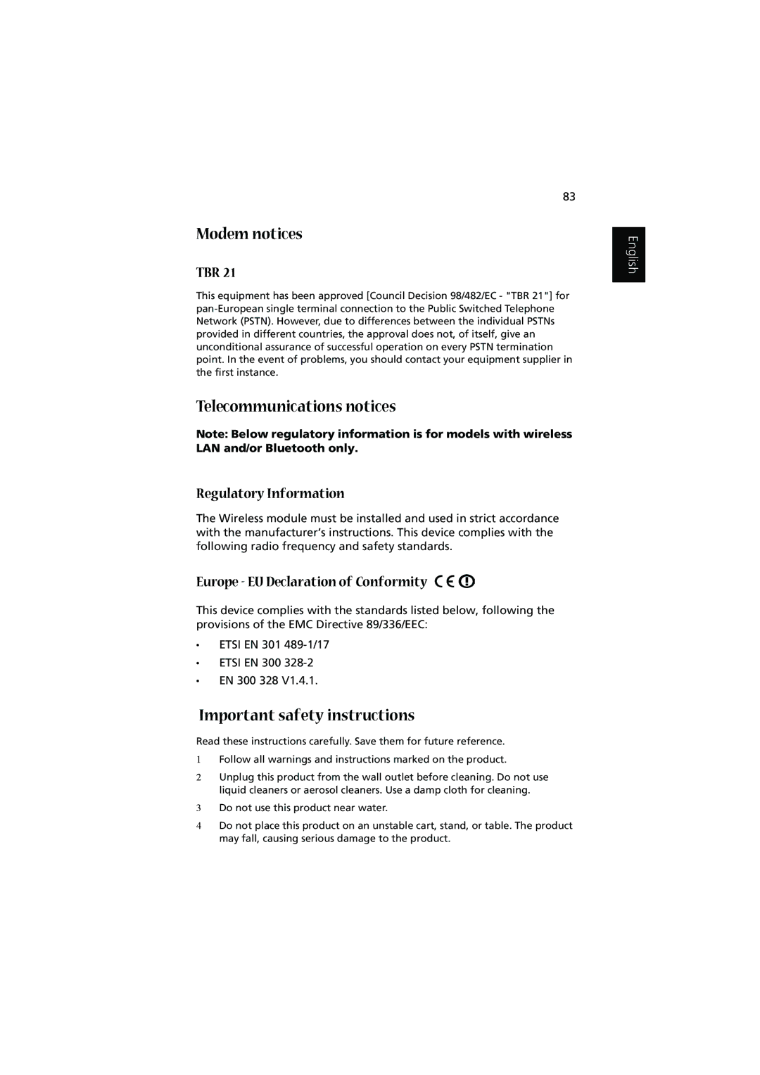 Acer 1450 manual Modem notices, Telecommunications notices, Important safety instructions 