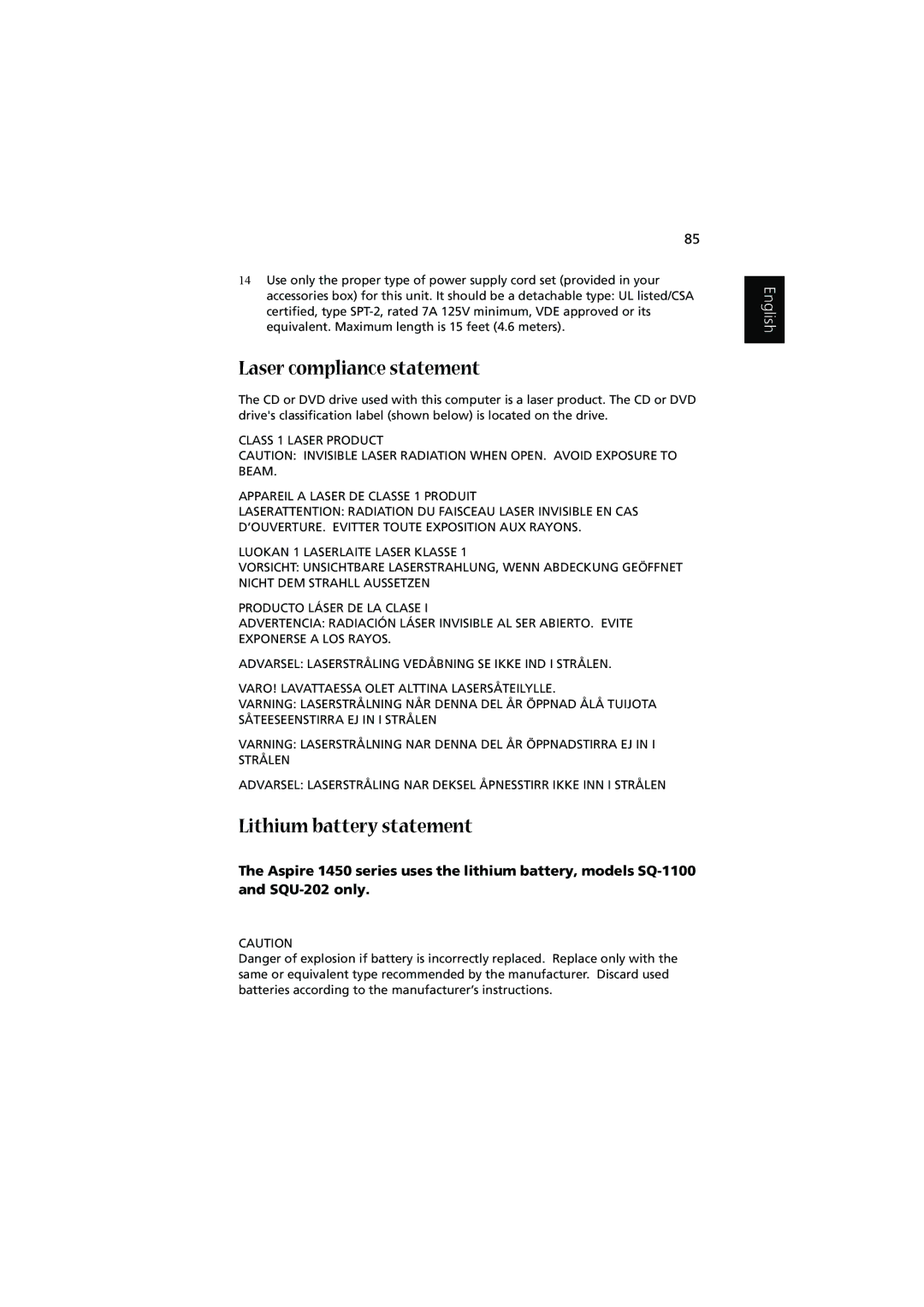 Acer 1450 manual Laser compliance statement, Lithium battery statement 