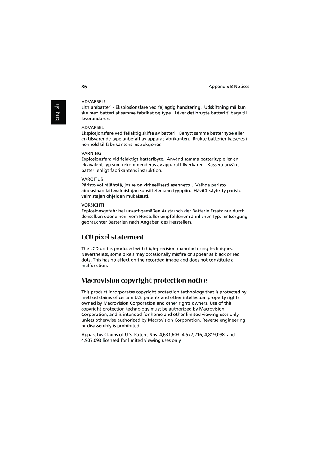 Acer 1450 manual LCD pixel statement, Macrovision copyright protection notice 