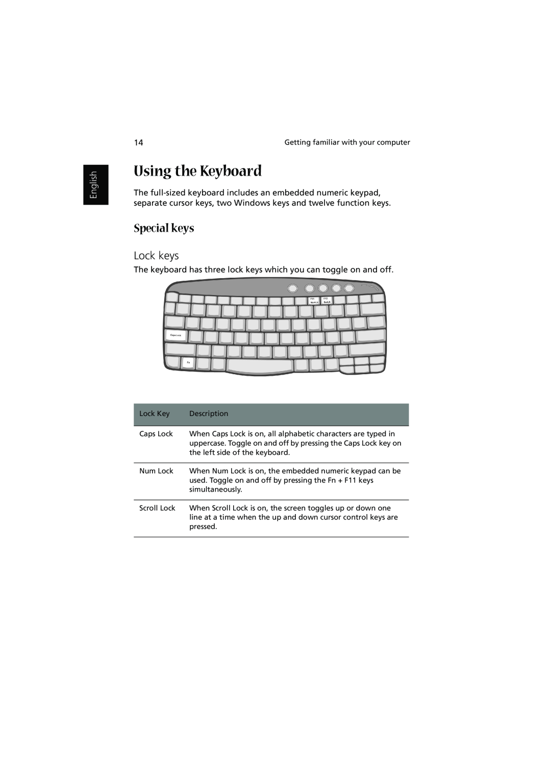 Acer 1450 manual Using the Keyboard, Special keys, Lock keys, English 