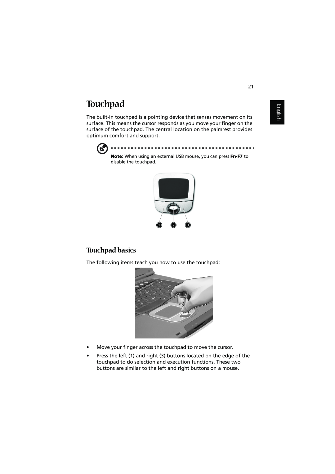 Acer 1450 manual Touchpad basics, English 