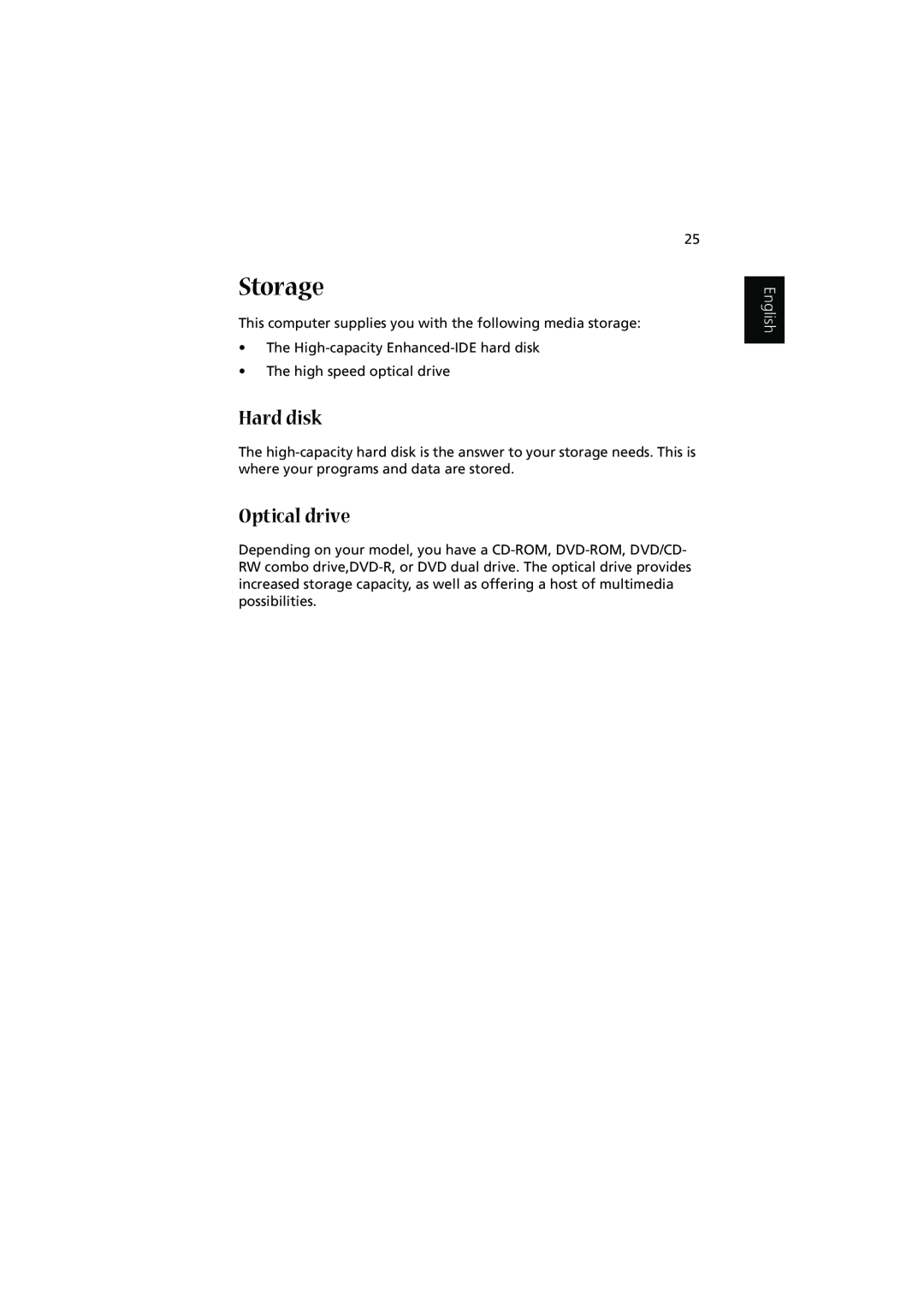 Acer 1450 manual Storage, Hard disk, Optical drive, English 