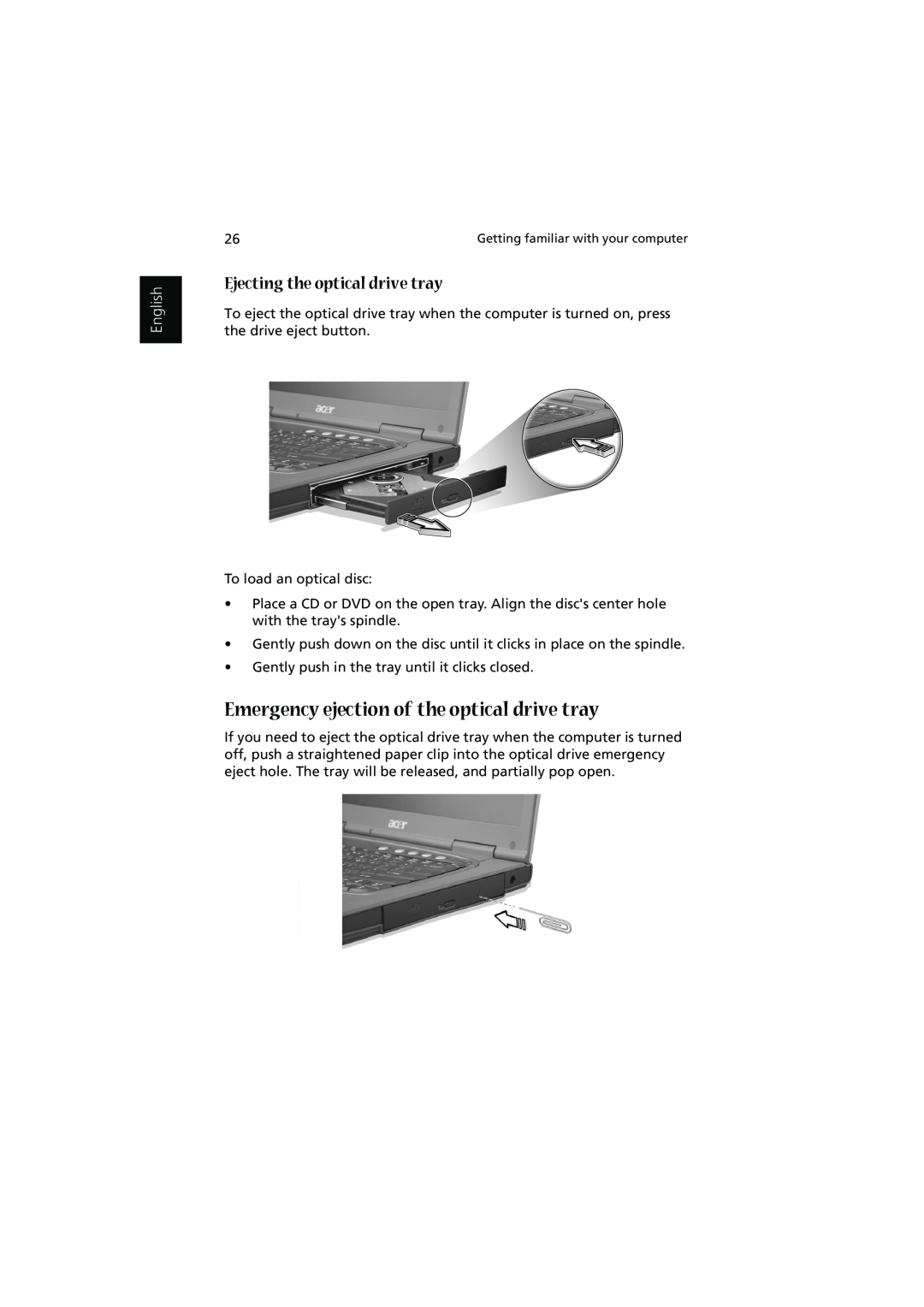 Acer 1450 manual Emergency ejection of the optical drive tray, Ejecting the optical drive tray, English 