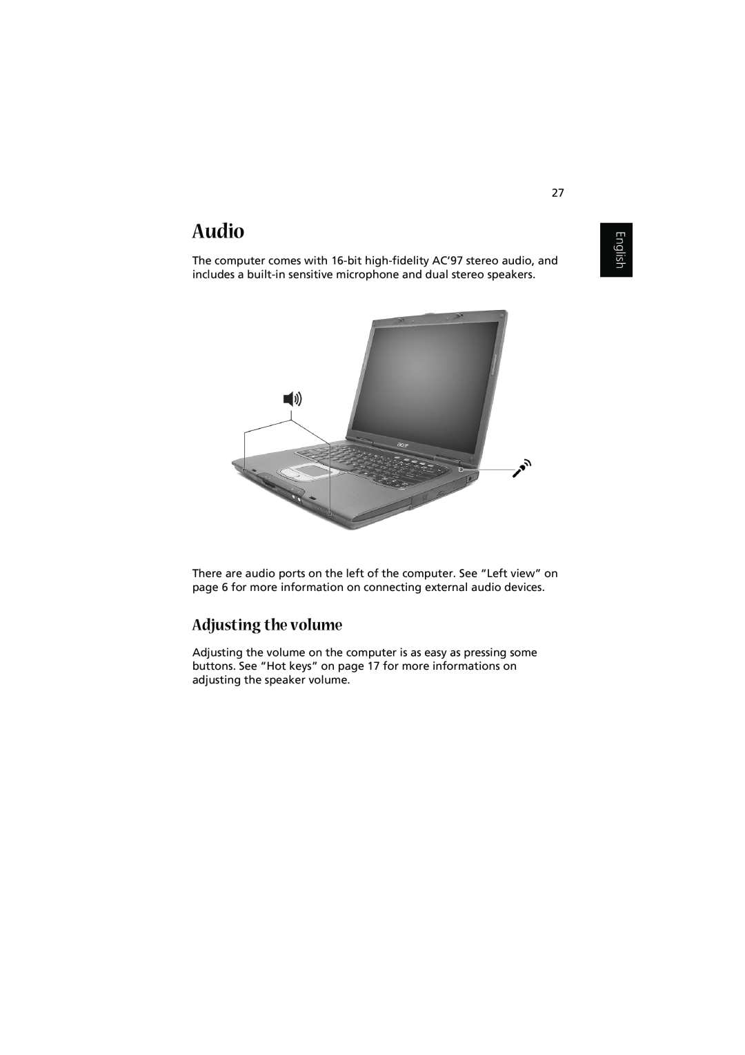 Acer 1450 manual Audio, Adjusting the volume, English 